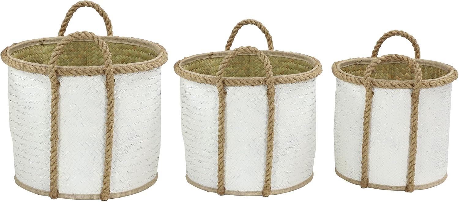 DecMode 17", 15", 13"W White Seagrass Handmade Two Toned Storage Basket with Handles, 3-Pieces