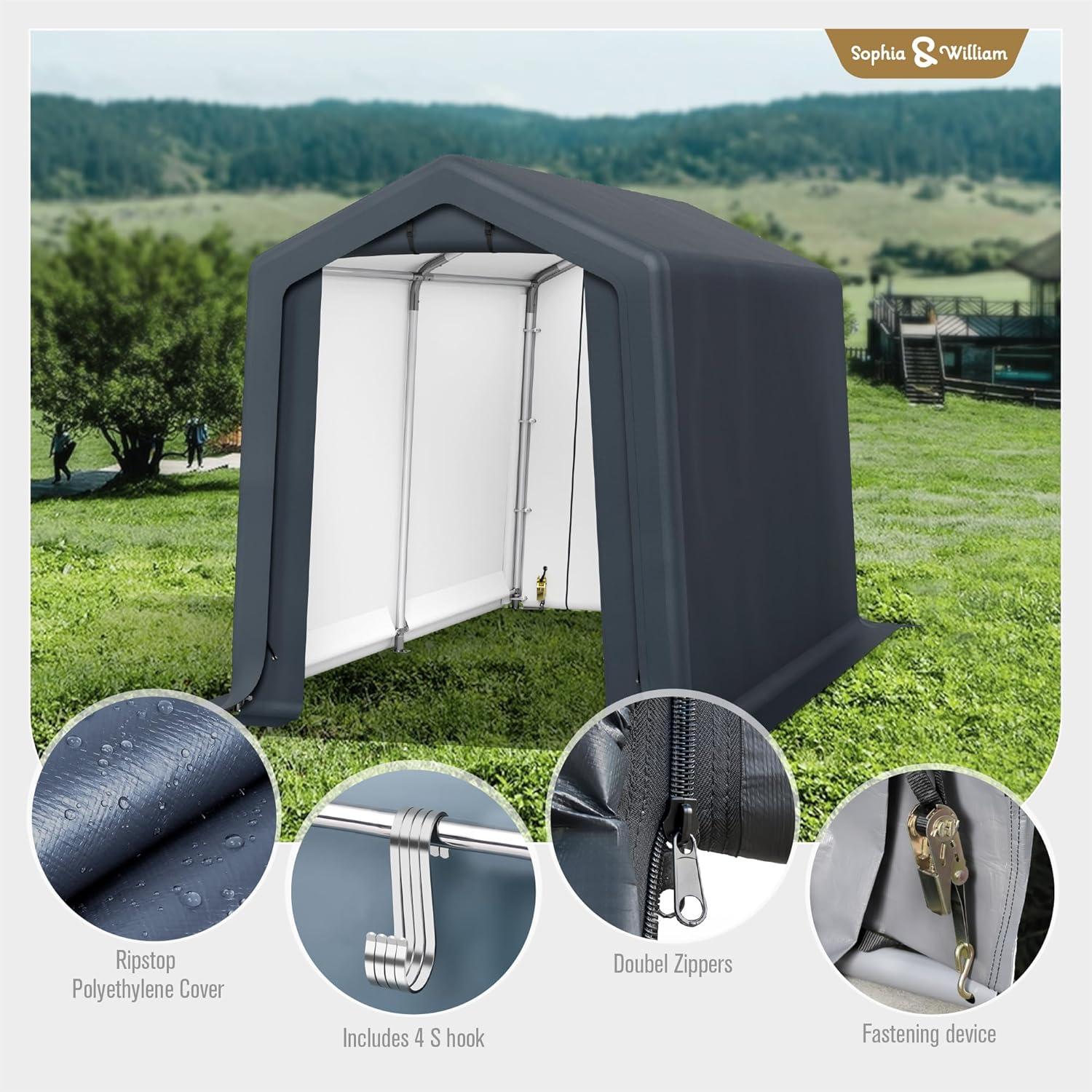 Alpha Joy 8 x 12 x 7.3ft Outdoor Storage Shed Heavy Duty Portable Carport Canopy Shelter, for Bike, Motorcycle, Garden Storage