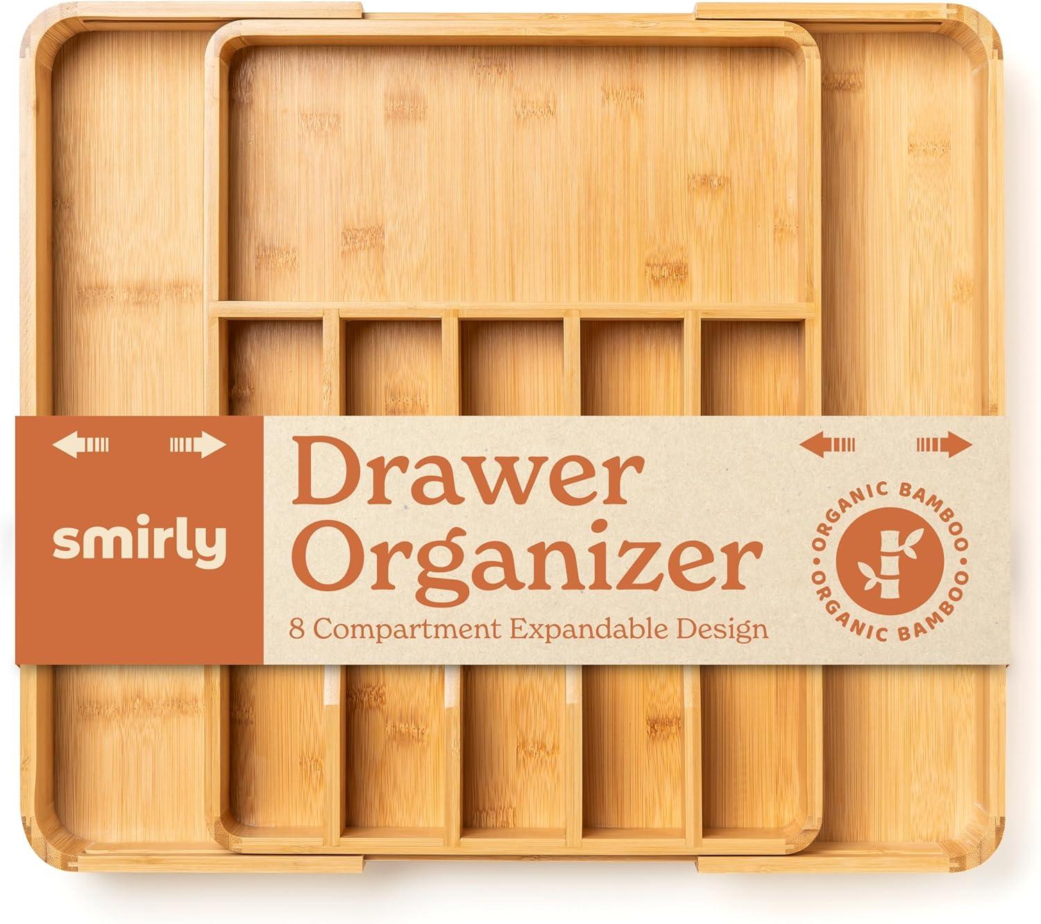 SMIRLY 8-Slot Bamboo Kitchen Drawer Organizer Expandable Utensil Tray for Drawers