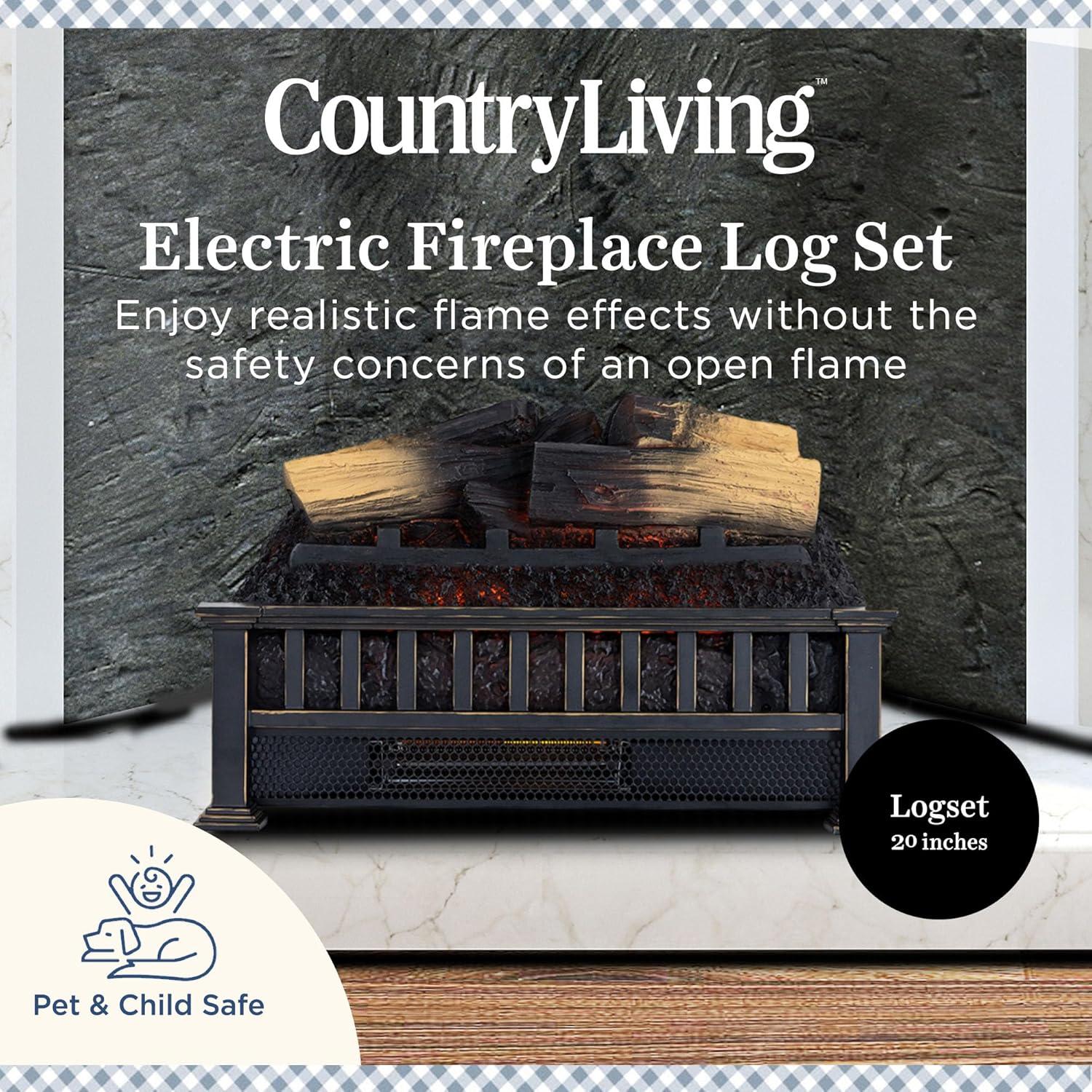 Country Living Infrared Electric Log Set Heater - Faux Logs Insert with Flickering Flames