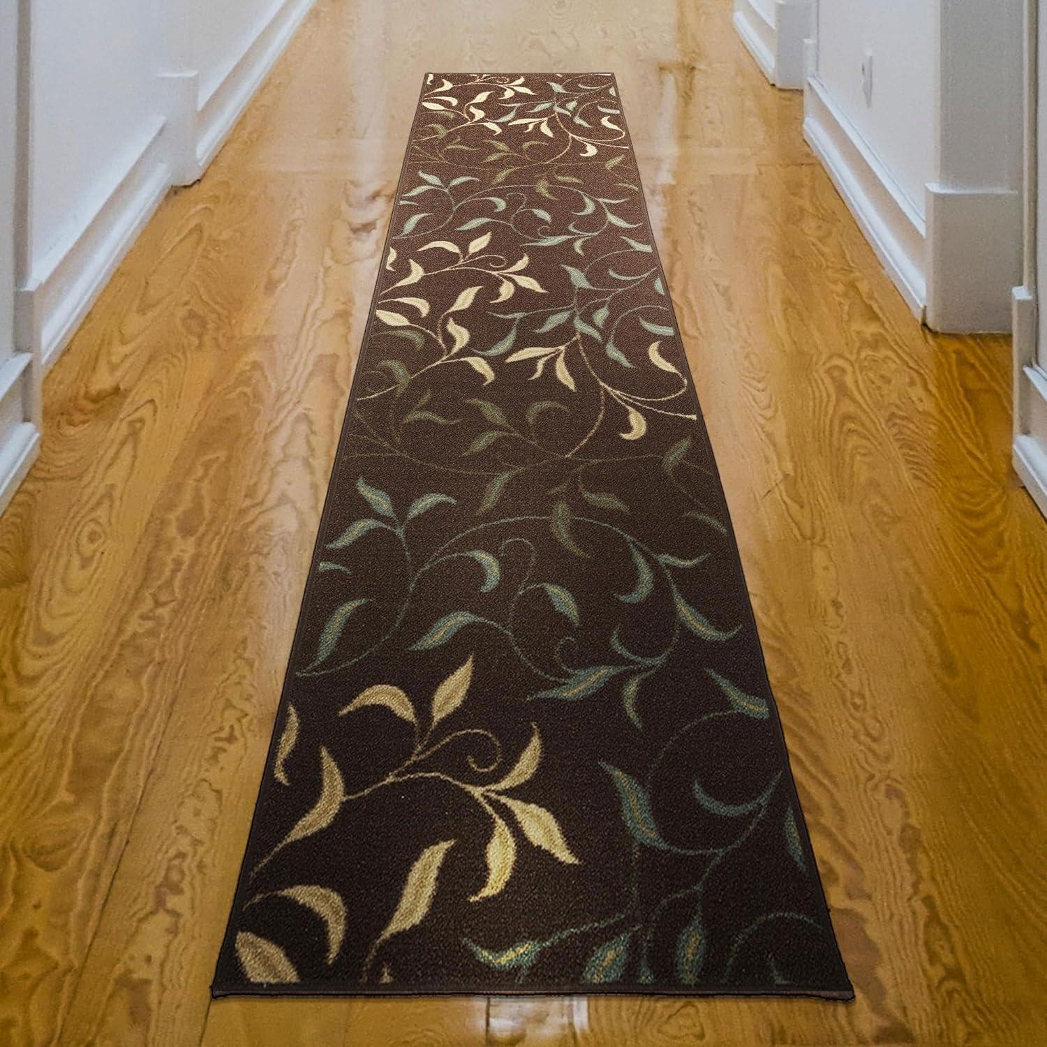 Ottohome Non-Slip Leaves Area Rug For Living Room, Hallway Runner, Entryway Rug, Brown