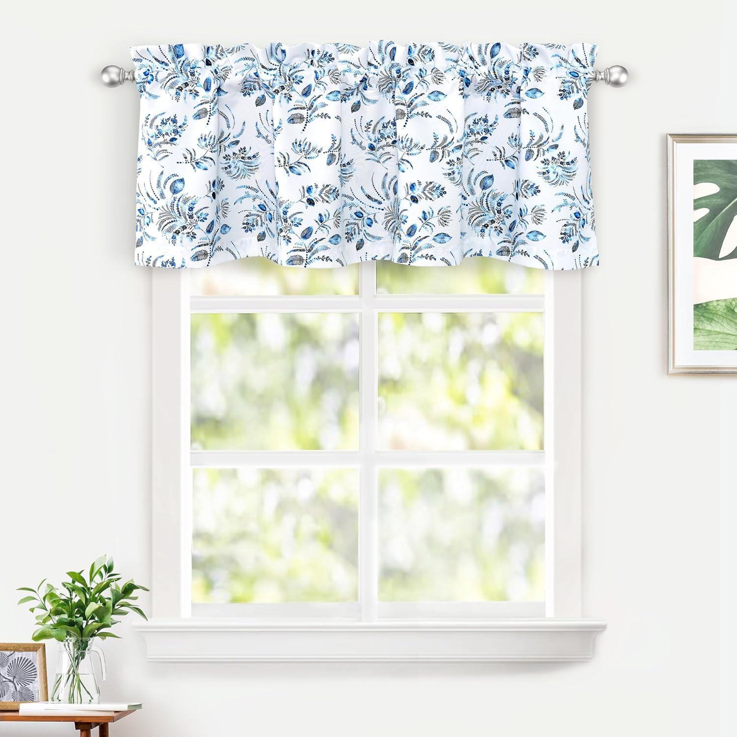 Navy Blue Floral Leaves Rod Pocket Valance, 52 x 18 Inch