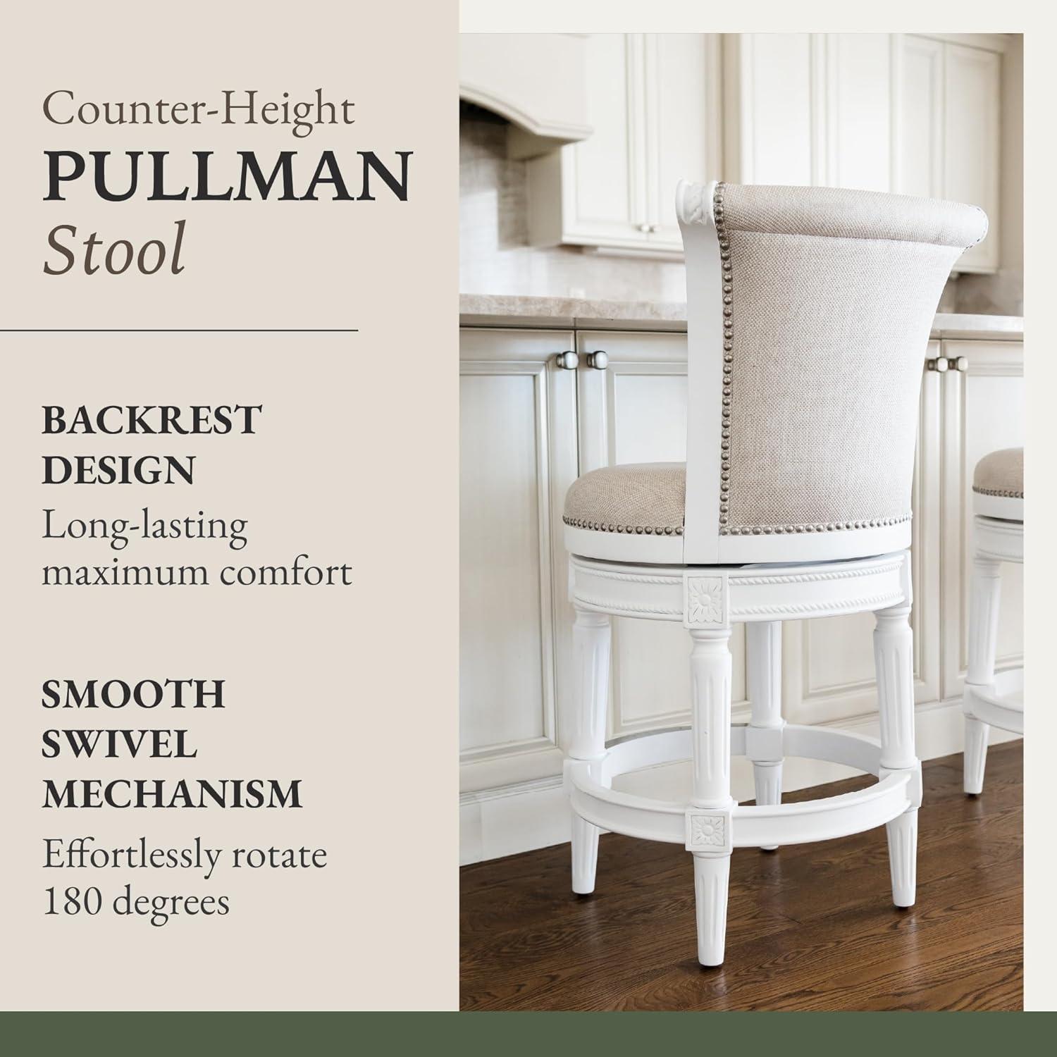 Maven Lane Pullman 26 Inch Tall Counter Height Upholstered Barstool with Back in Weathered Oak Finish with Sand Color Fabric Cushion Seat, Set of 4