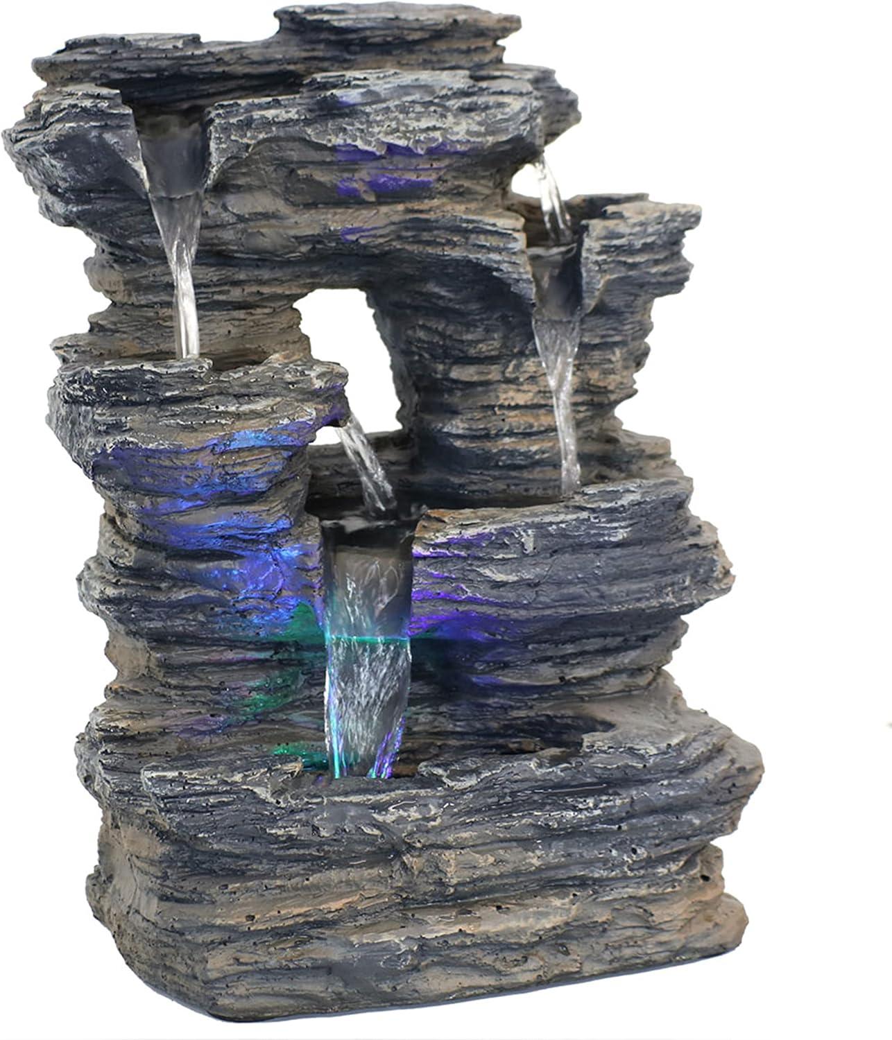 Sunnydaze Indoor Decorative Five Stream Rock Cavern Tabletop Water Fountain with Multi-Colored LED Lights - 13"