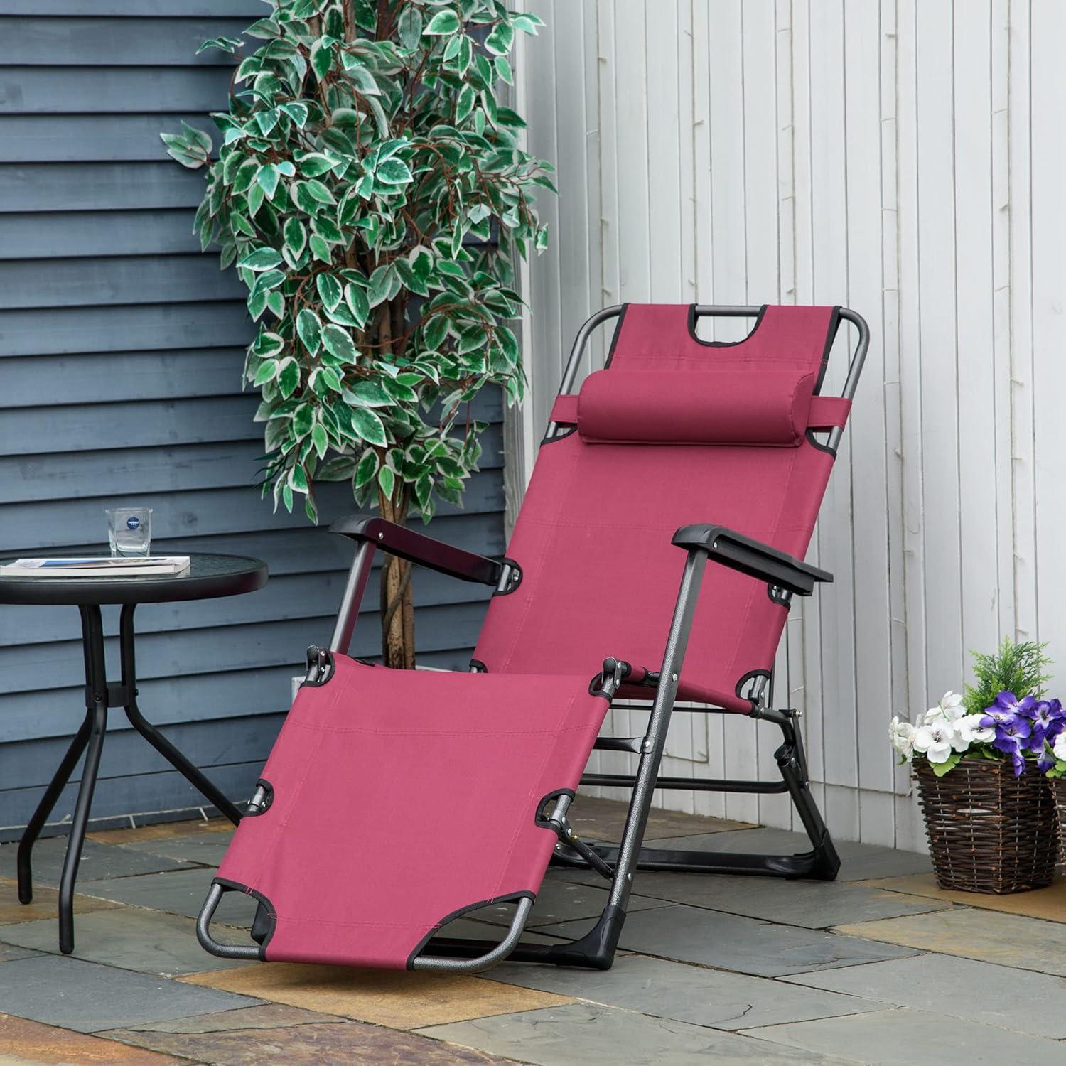 Red Adjustable Metal Frame Outdoor Chaise Lounge with Pillow