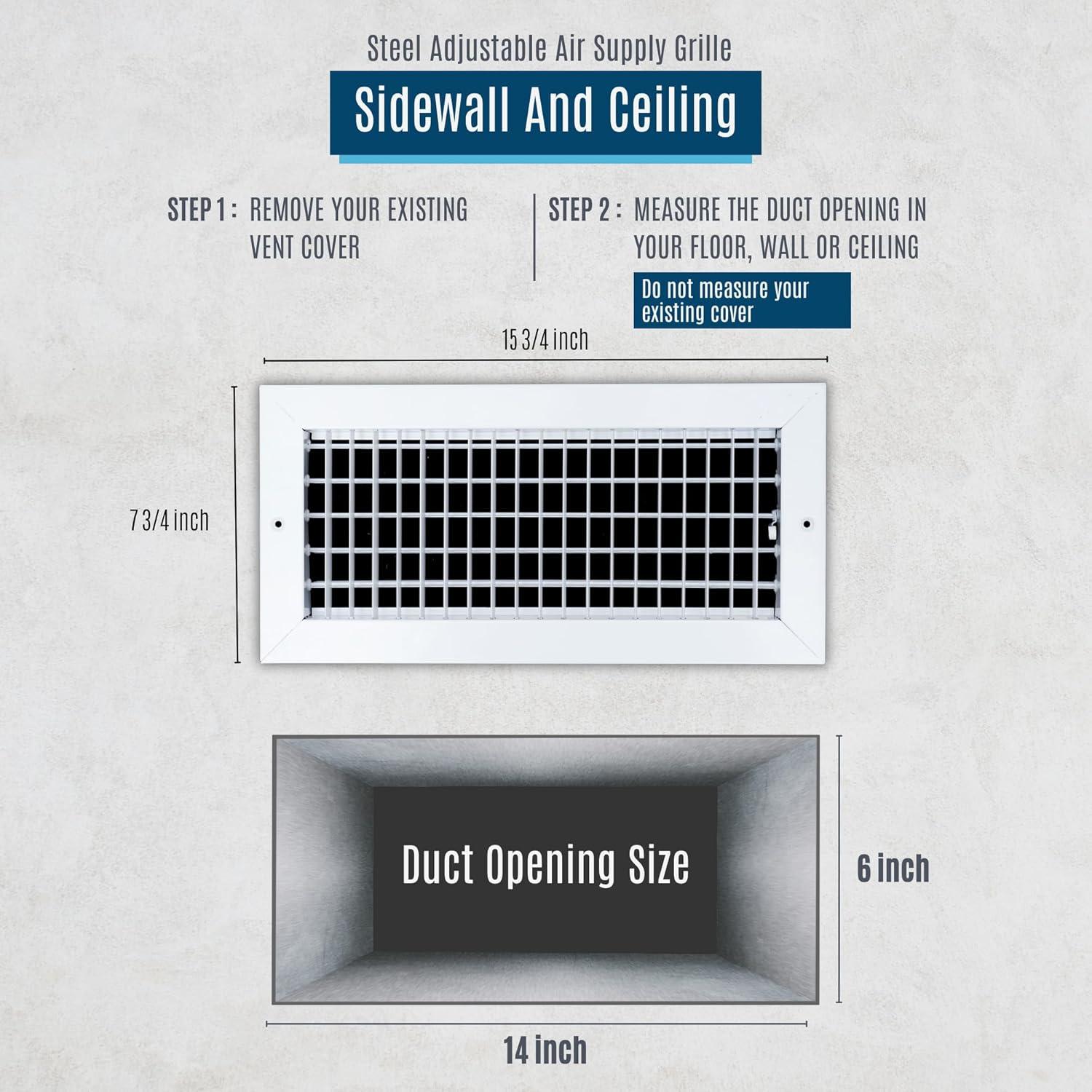 Fits 14x6 Duct Opening Steel Adjustable Air Supply Grille by Handua | Register Vent Cover Grill for Sidewall and Ceiling | White | Outer Dimensions: 15.75" X 7.75"