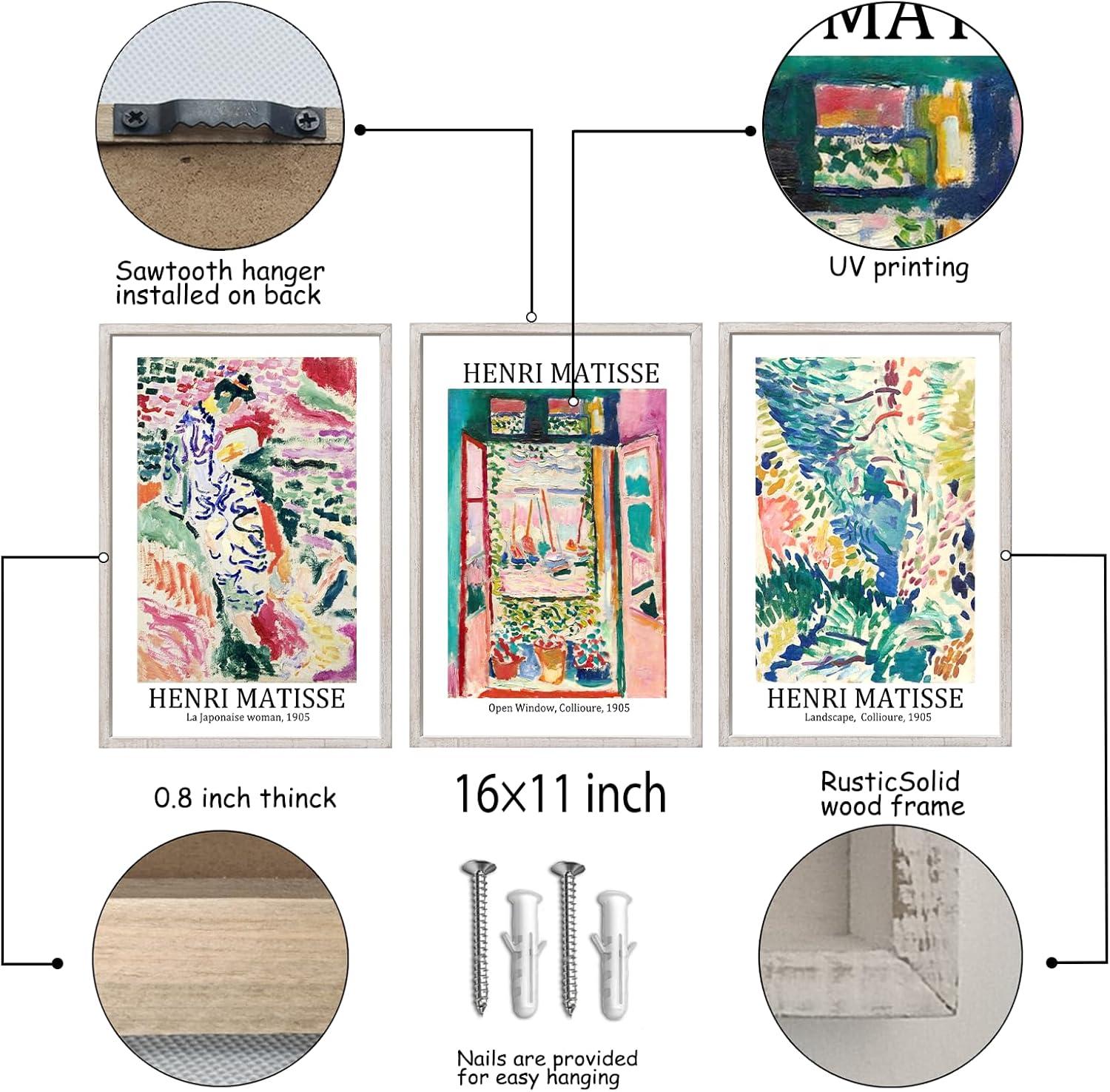 Vault W Artwork Set Of 3 16X11 Inch Large Rustic Farmhouse Aesthetic Wood Framed Matisse Sign Modern Home Bedroom Living Room Office Abstract Landscape Print Wall Hang (Wood) (Set of 3)
