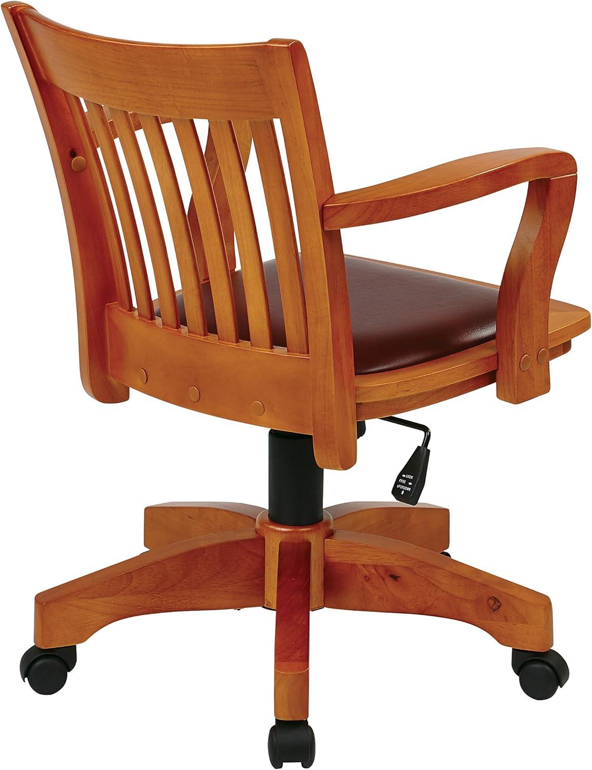 Deluxe Fruitwood Finish Wood Banker's Desk Chair with Brown Vinyl Seat