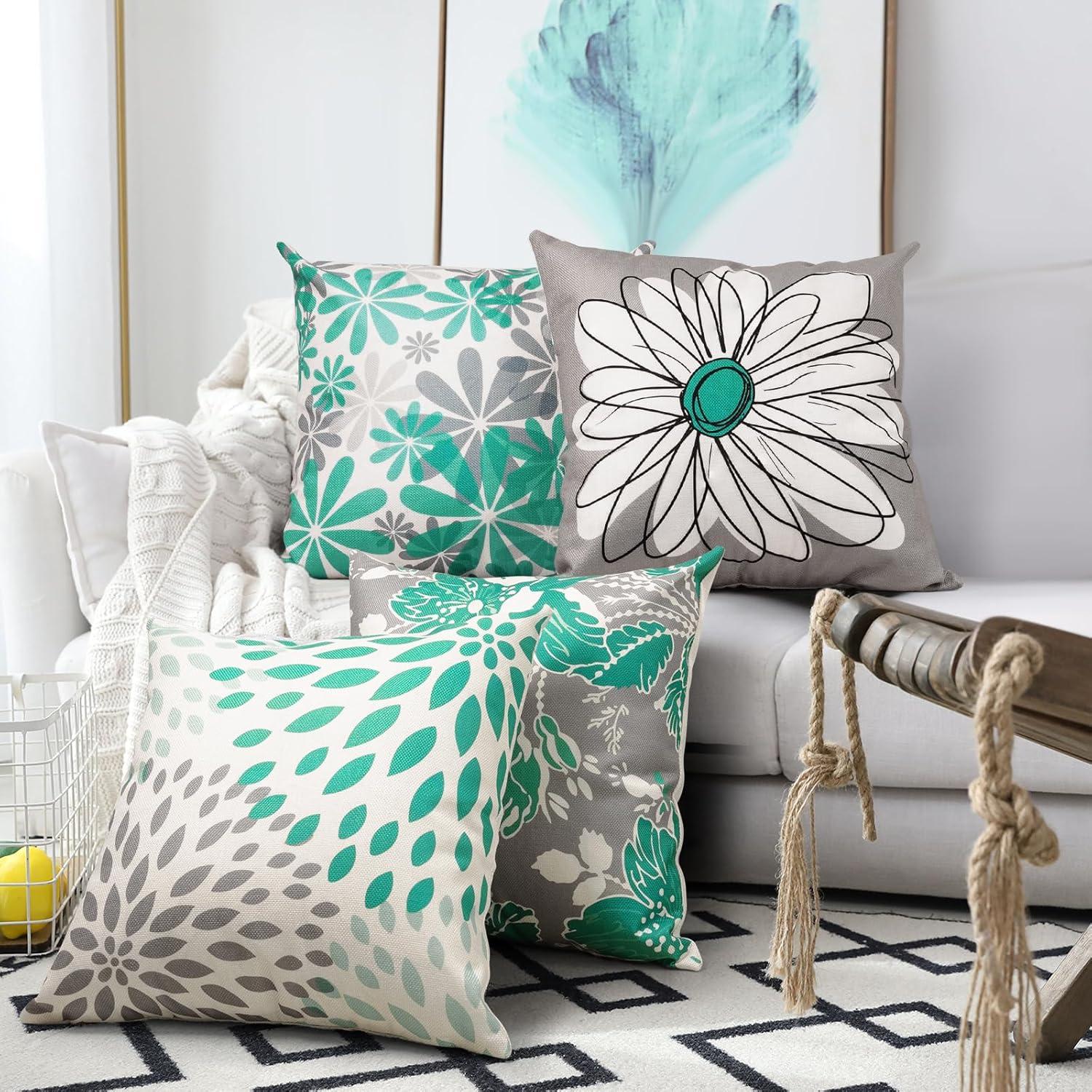 Husfou 4pcs Linen Pillow Covers 18x18 inch Turquoise and Grey Decorative Throw Pillow Case for Couch Modern Daisy Cushion Cover for Home Sofa Bedroom Decor