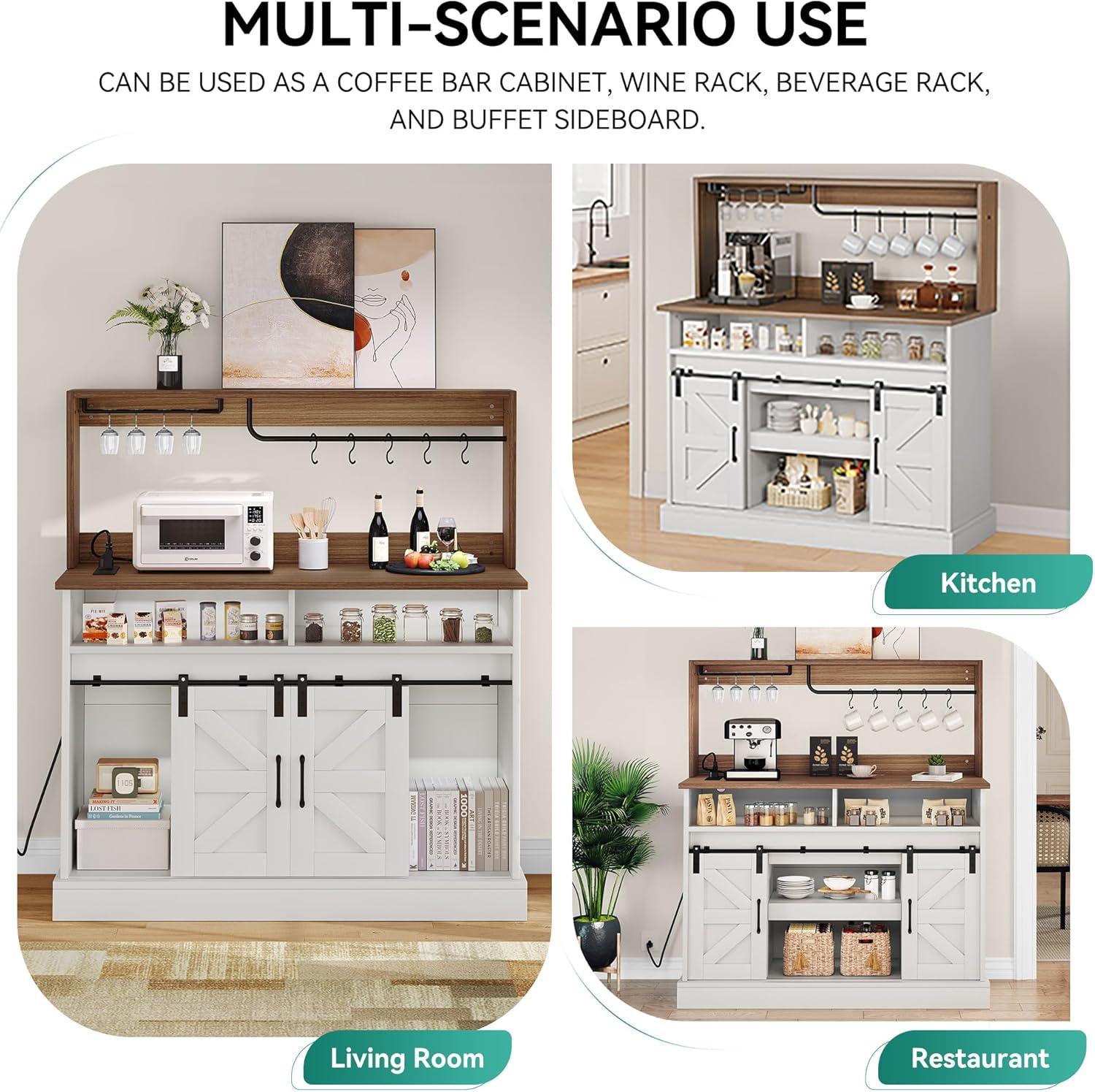 Gracie Oaks Gracie Oaks Farmhouse Coffee Bar Cabinet with Power Outlets, Goblet Holder & Sliding Barn Doors