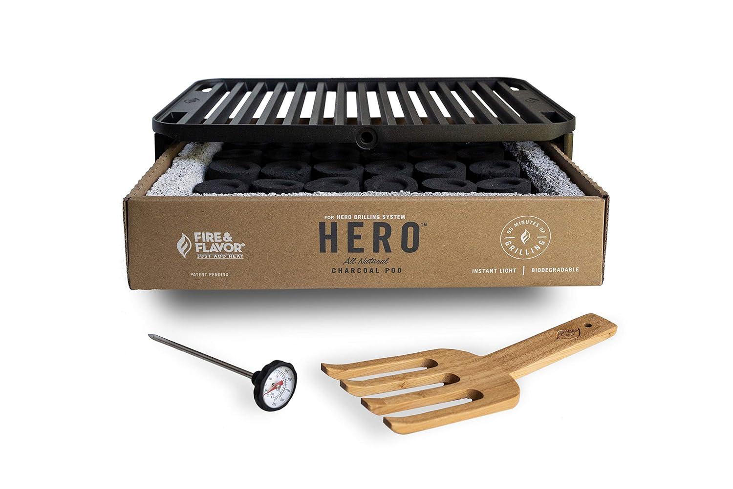 Fire & Flavor HERO Grill Kit Ultra-Portable Easy Instant Light Charcoal Grilling for Tailgating