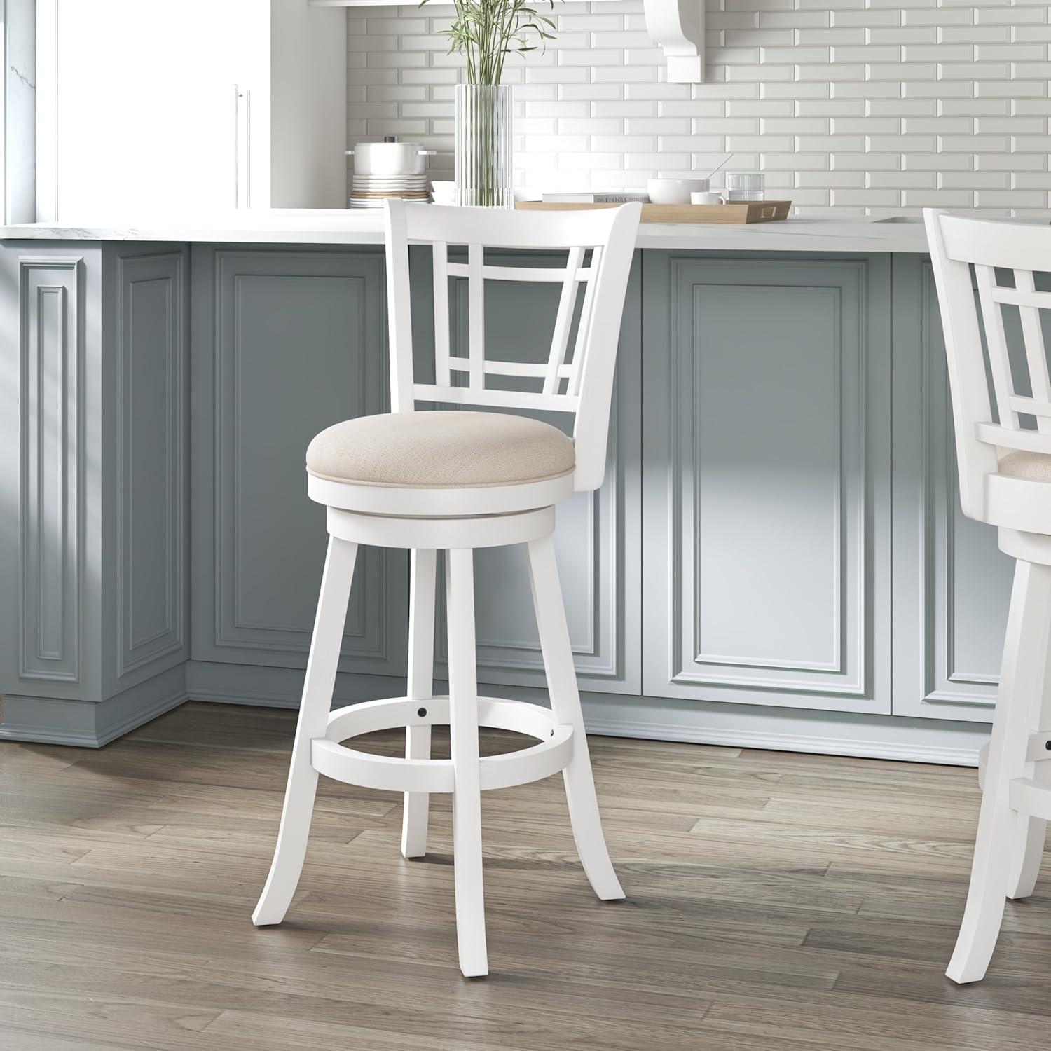 Elegant White Swivel Bar Stool with Beige Fabric Seat and Wood Accents