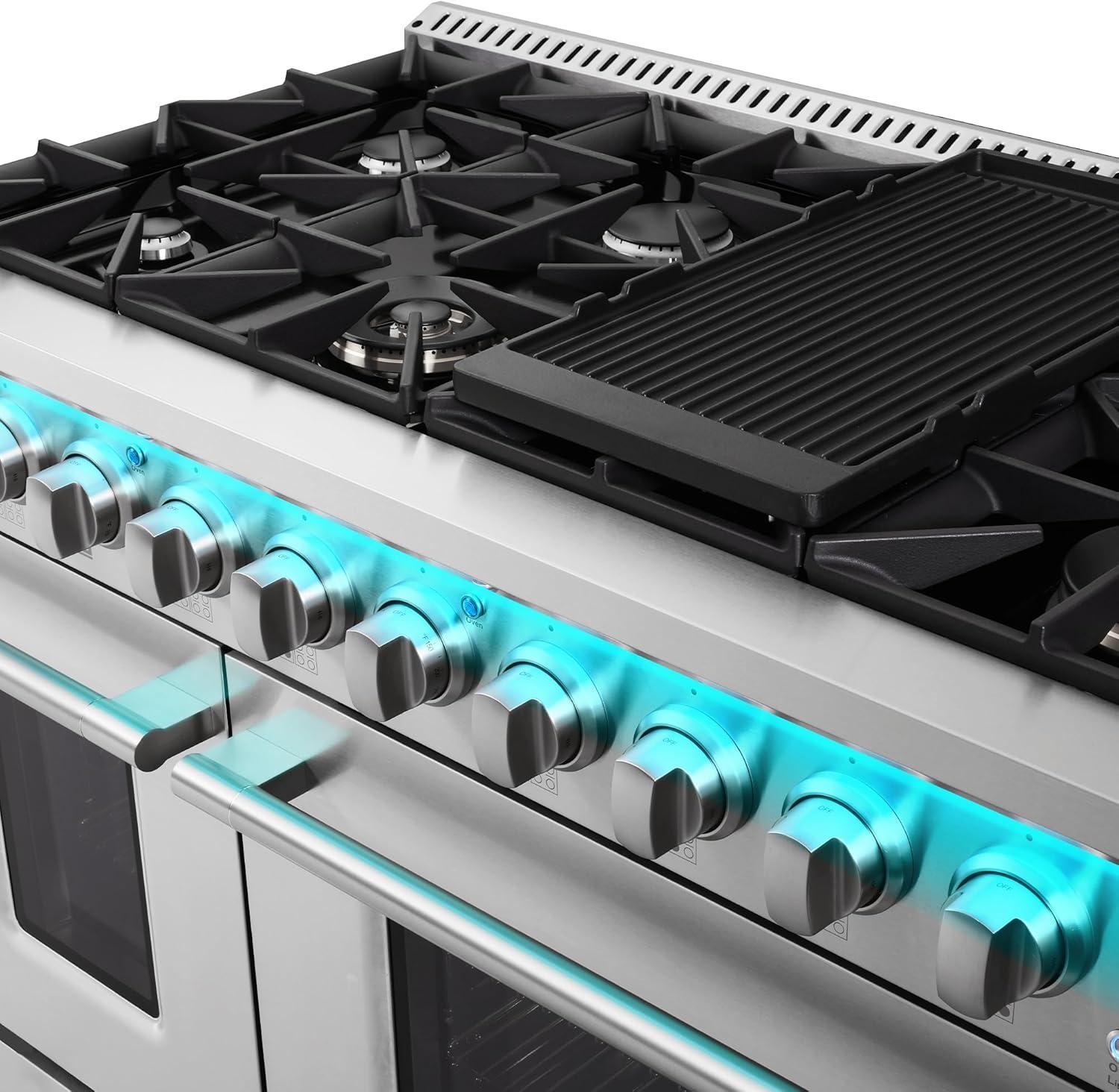 Cosmo COS-DFRP488K Cosmo 48 In. Lumin Collection 5.5 Cu. Ft. Double Oven Dual Fuel Range With 8 Burners, Cast Iron Grates In Stainless Steel