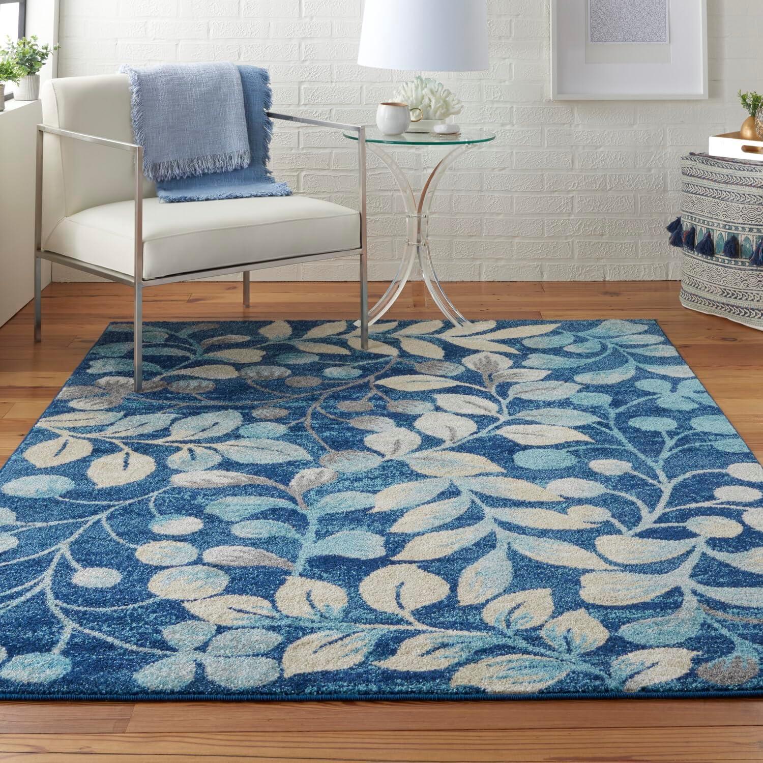 Nourison Tranquil 5'3" X 7'3" (5' x 7') Navy Indoor Area Rug Contemporary Botanical Vine and Bloom by Nourison
