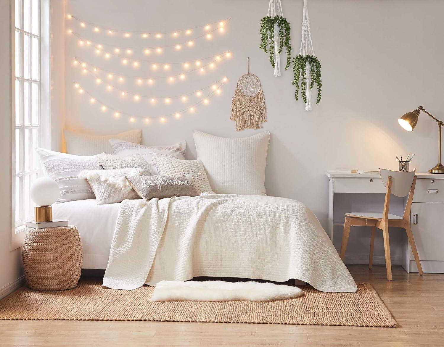 The Industrial Shop 2pc Twin Solid Quilt and Sham Bedding Set Cream: Rustic Percale, Lightweight