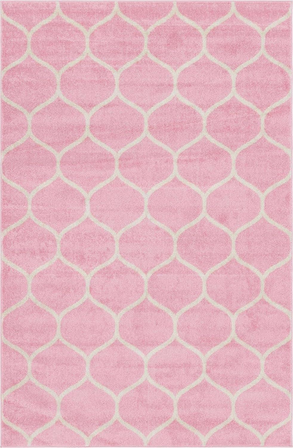 Pink and Ivory Trellis Synthetic Rectangular Area Rug