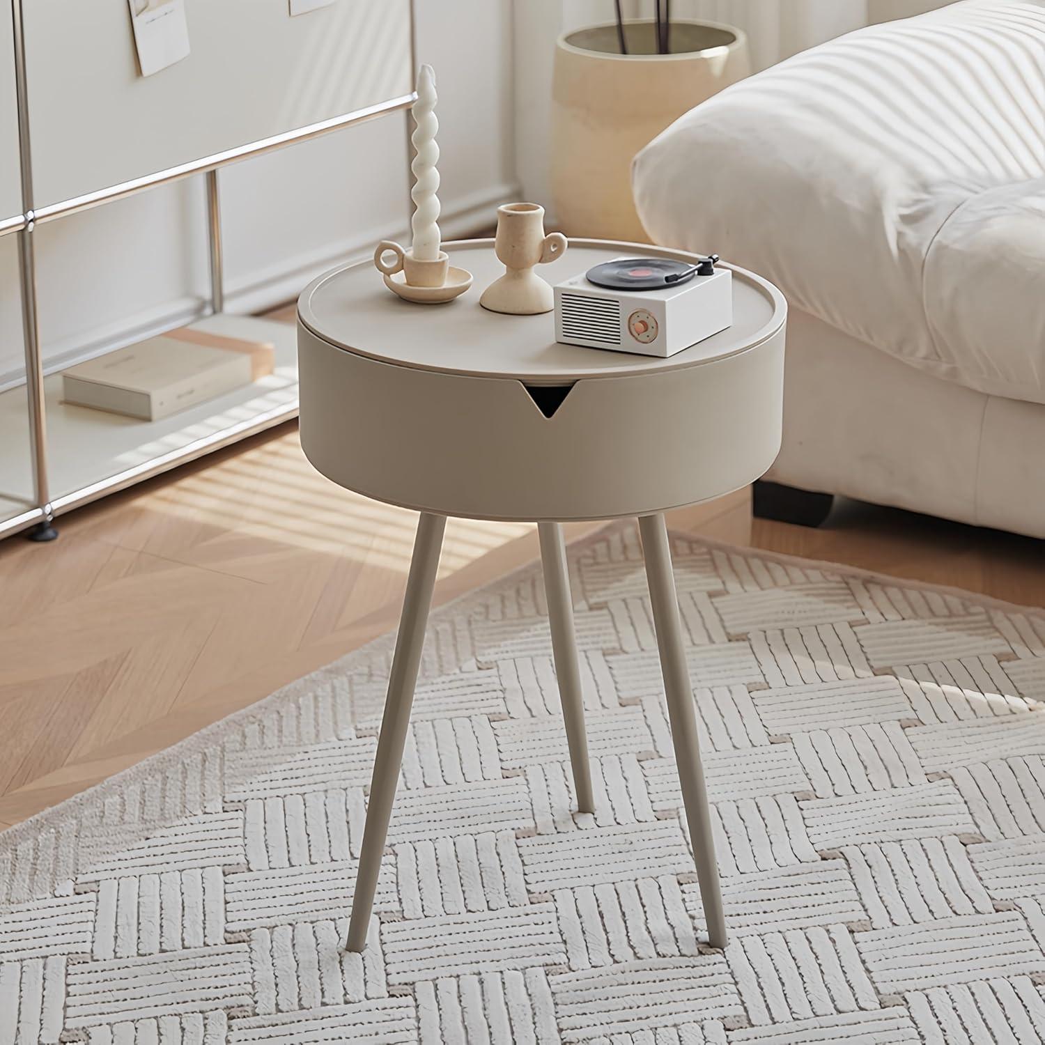 Round End Table With Storage For Living Room, Modern Small Side Table For Small Spaces,Nightstand Bedside Table For Bedroom Balcony