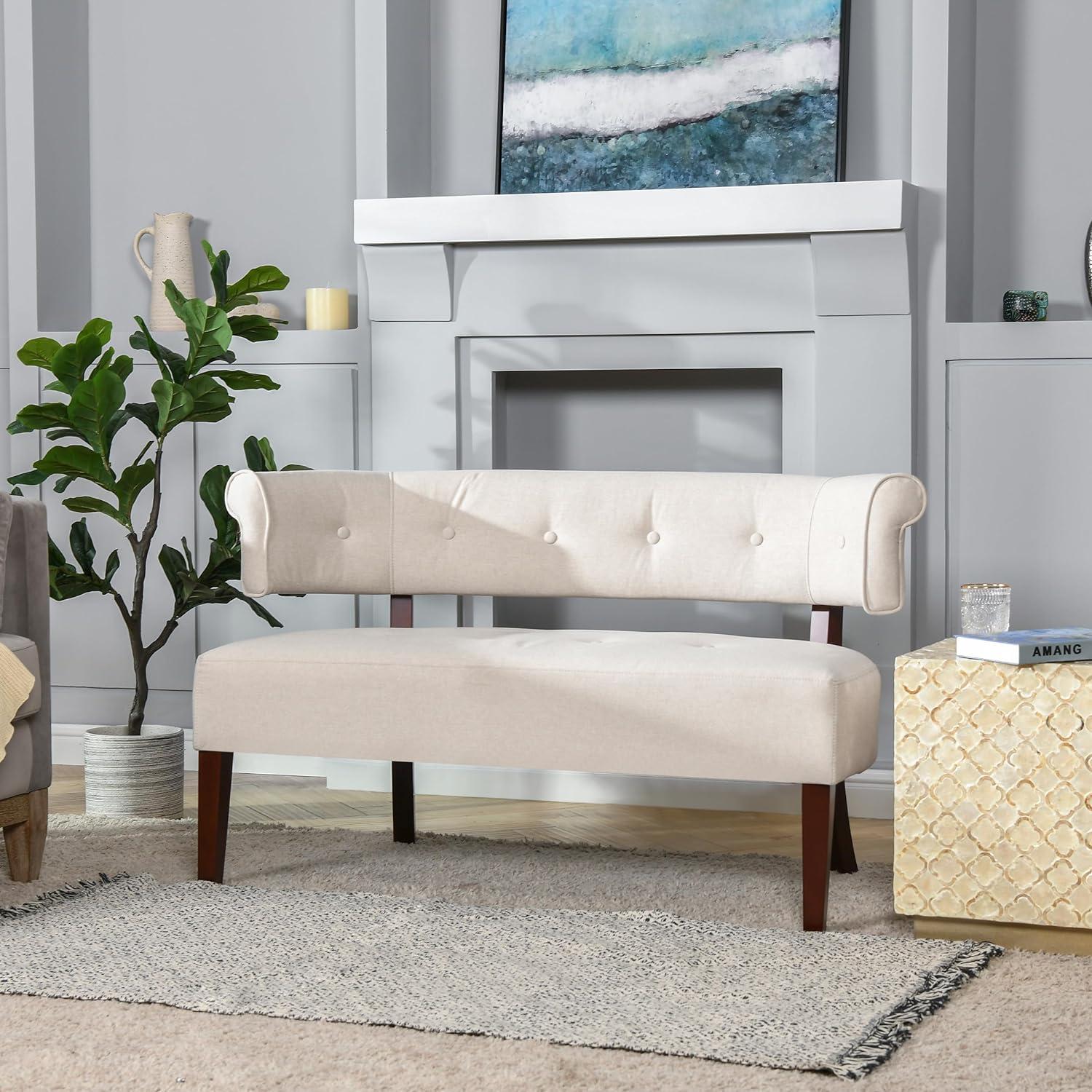 Jared Cream Tufted Pine Wood Roll Arm Settee Bench