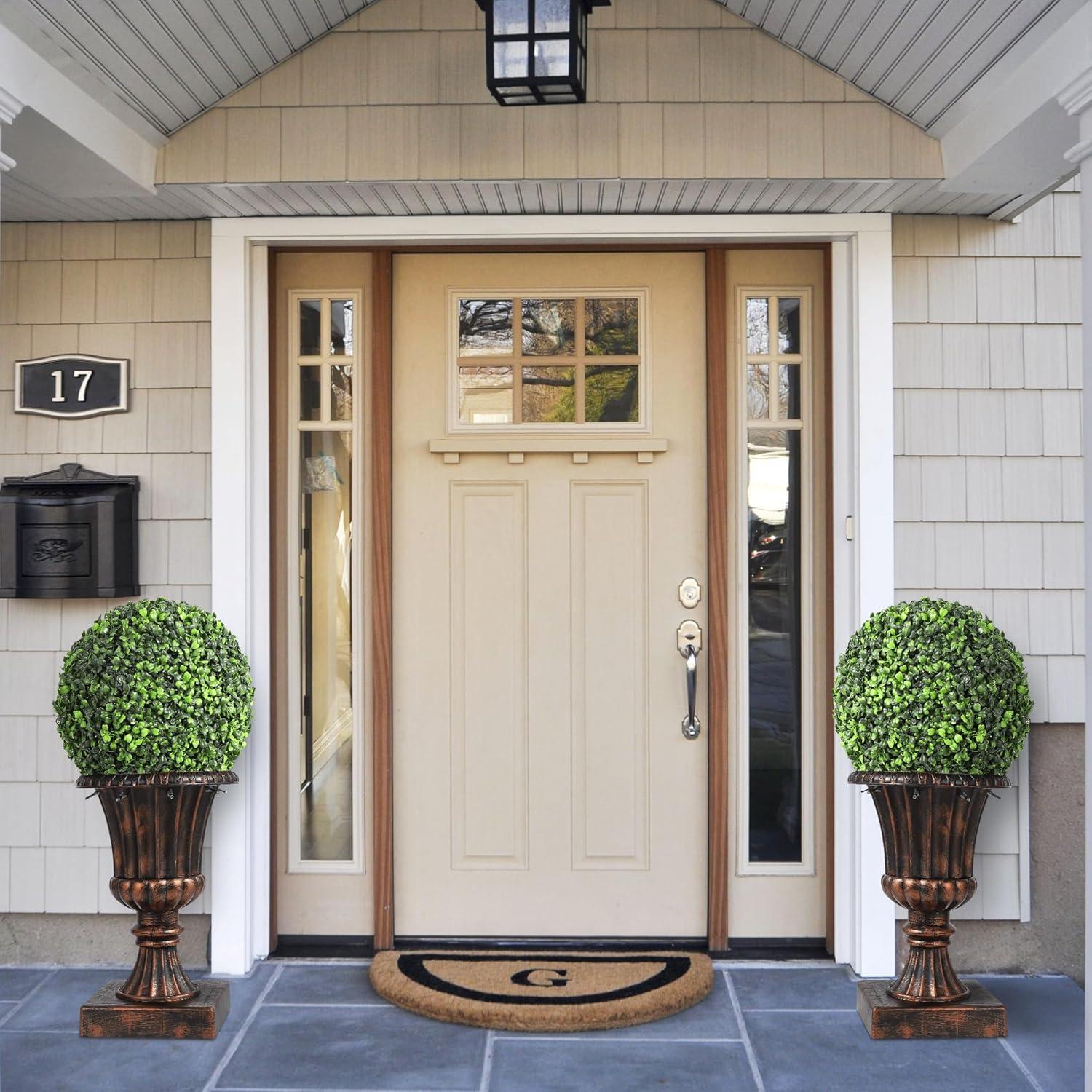 Yuan Home 2Pcs 12” Artificial Plant Topiary Ball With Pot, Faux Boxwood Balls With LED