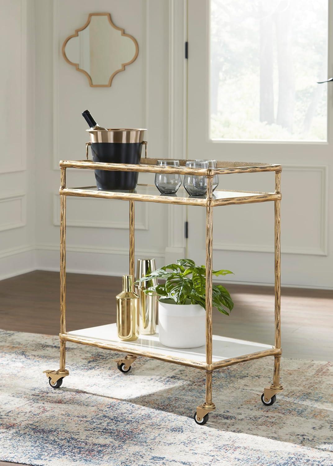 Signature Design by Ashley Kailman Bar Cart Gold Finish: Modern Mirrored Glass Beverage & Cocktail Cart with Locking Casters