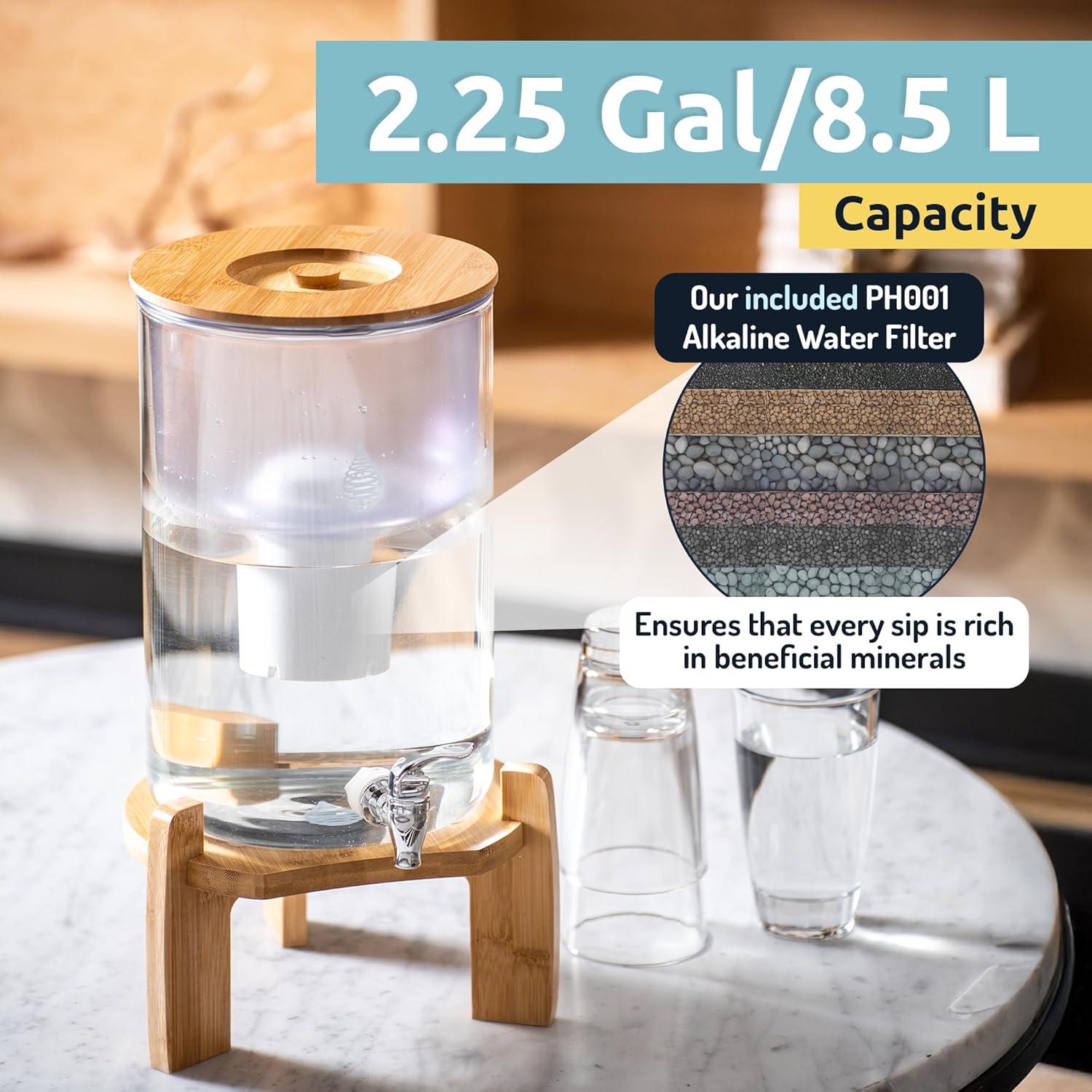 Invigorated Water pH Recharge Alkaline Water Filter Dispenser – BPA-Free Glass Countertop Water Filter Pitcher Purifier for Home & Office, 36-Cup Capacity, 360L Long Filter Life (Bamboo/Marble)