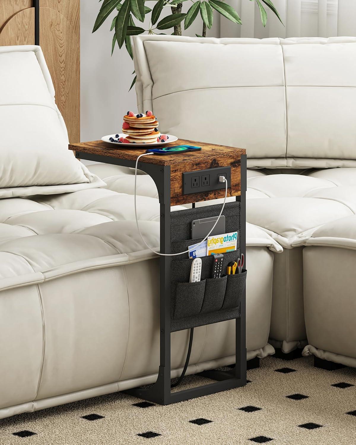 End Table Set of 2 with Charging Station and Storage Bag Side Table Living Room with USB Ports and Outlets Couch Tables That Slide Under, Small Snack Table for Small Spaces Brown