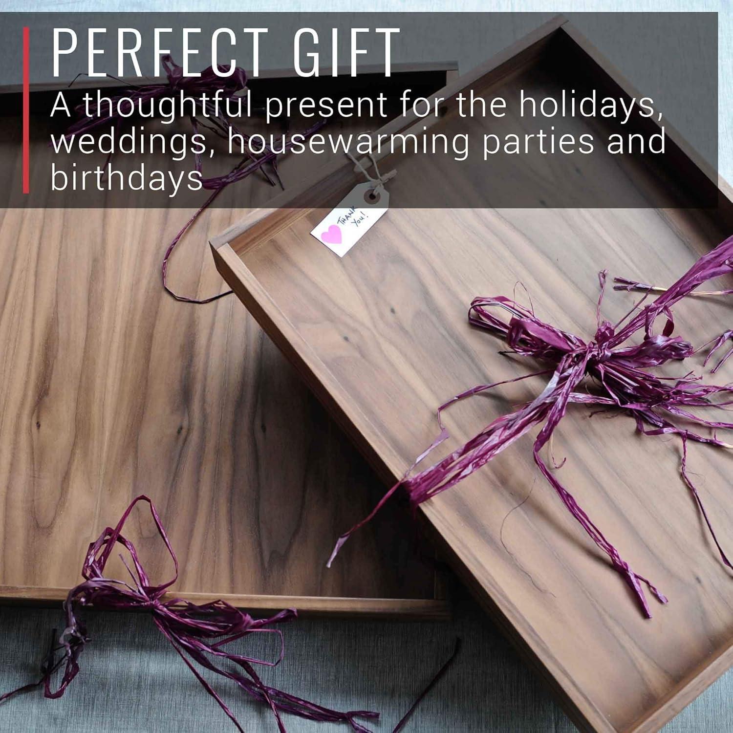Large Walnut Wood Serving Tray with Cutout Handles