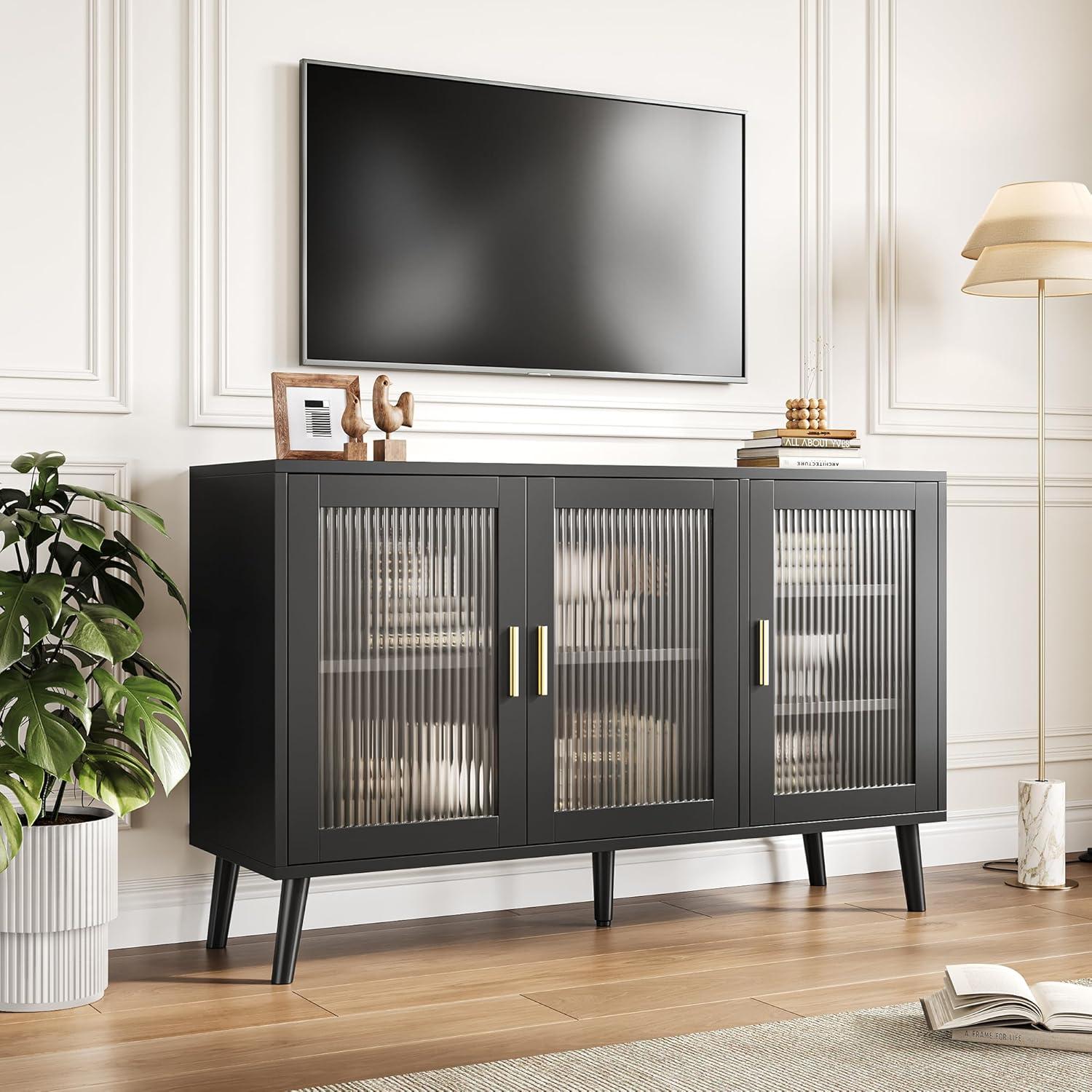 Buffet Cabinet with Storage, 48" Large Sideboard Cabinet with 3 Fluted Glass Doors, Black Cabinet for Kitchen, Dinning Room, Hallway, Living Room