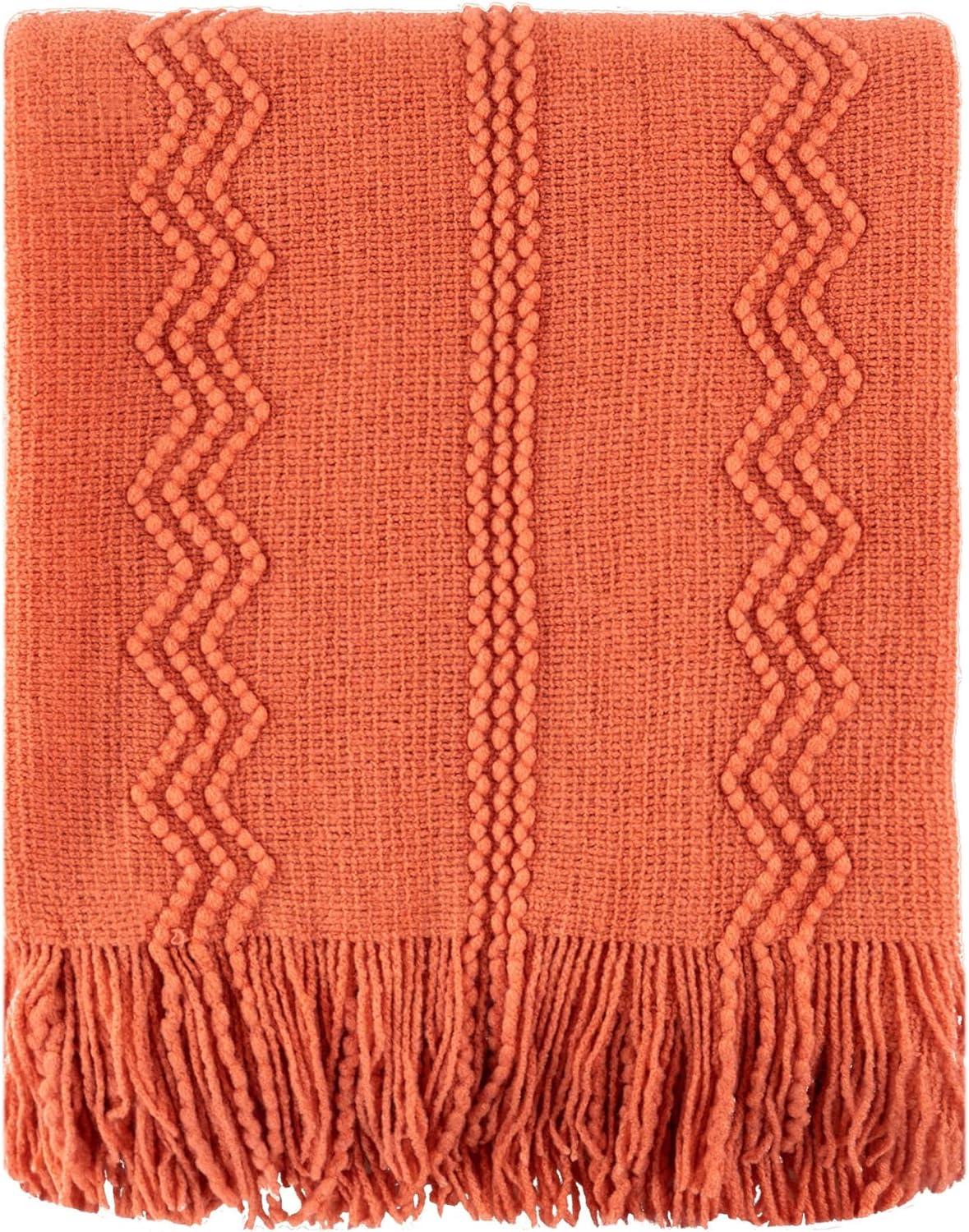 Battilo Orange Throw Blanket with Fringe Geometric Bed Salmon Knit Throws for Couch,Fall Blanket,50"x60"