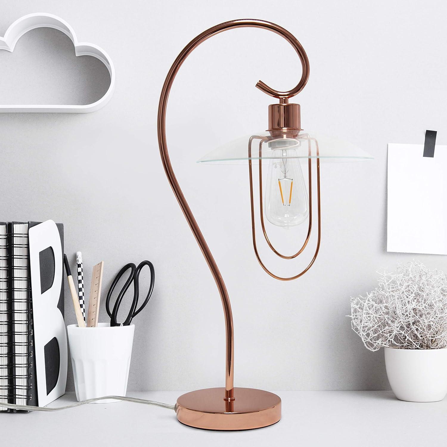 Lalia Home Modern Metal Scroll Table Lamp with Curved Metal Base and Clear Glass Shade - Rose Gold