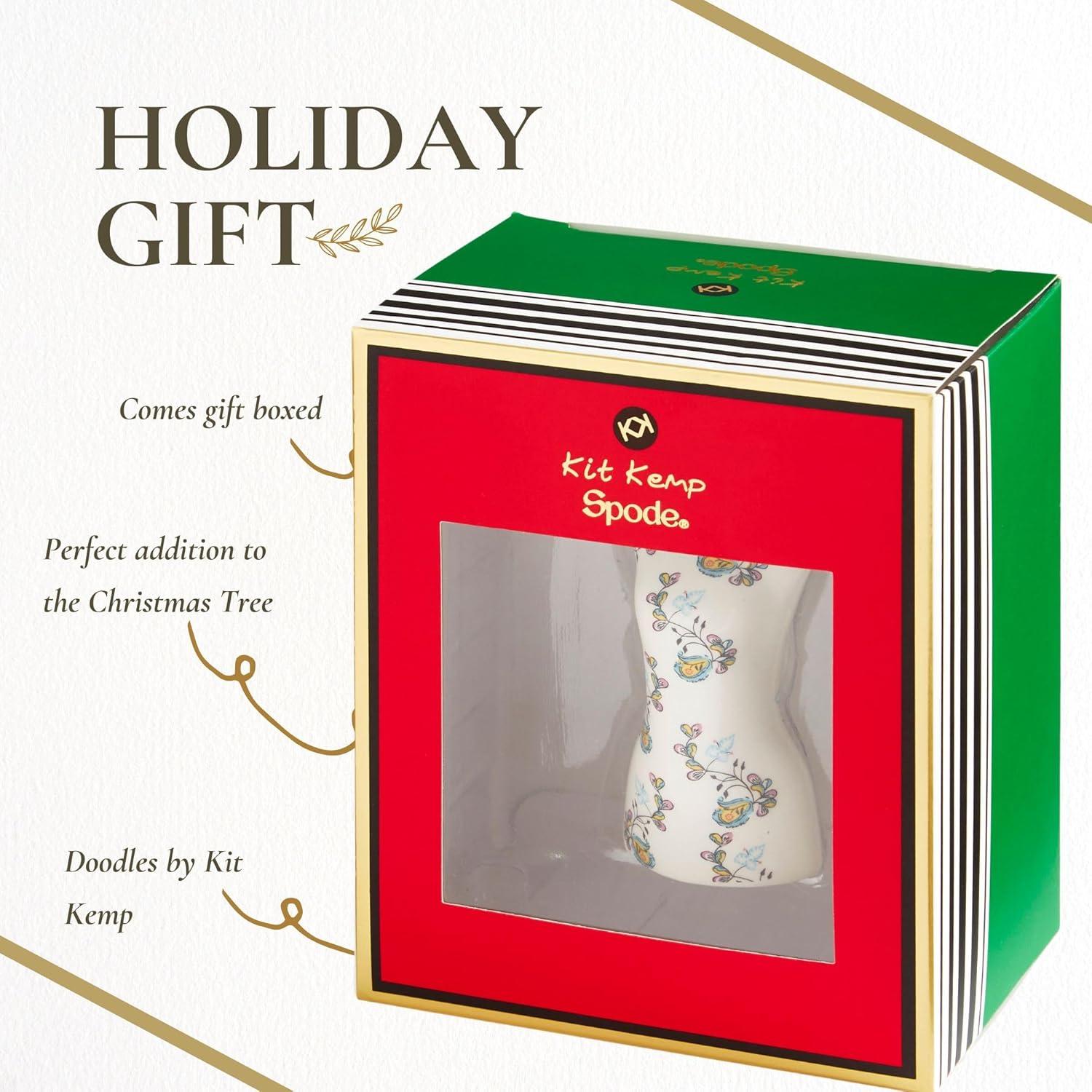 Kit Kemp by Spode Psycho Sprig Blue Mannequin Christmas Bauble, Handcrafted Porcelain Festive Keepsake, Personalized Holiday Collectible Ornament