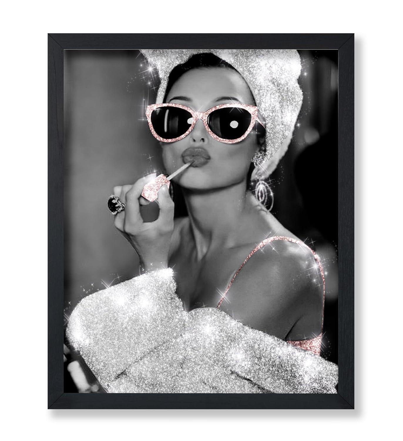 Poster Master Fashion Poster - Lady in Glitter Sunglasses Print - Lipstick Art - Modern Art - Trendy Art - Gift for Women & Fashionista - Wall Decor for Bedroom or Girls Room - 8x10 UNFRAMED Wall Art