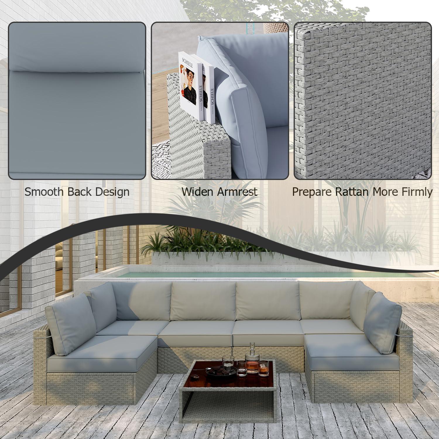 Aug-guan 7-Piece Patio Furniture Set, All-Weather Boho Outdoor Conversation Set Sectional Sofa with Water Resistant Grey Thick Cushions and Storage Table for Yard,Lawn,Grey