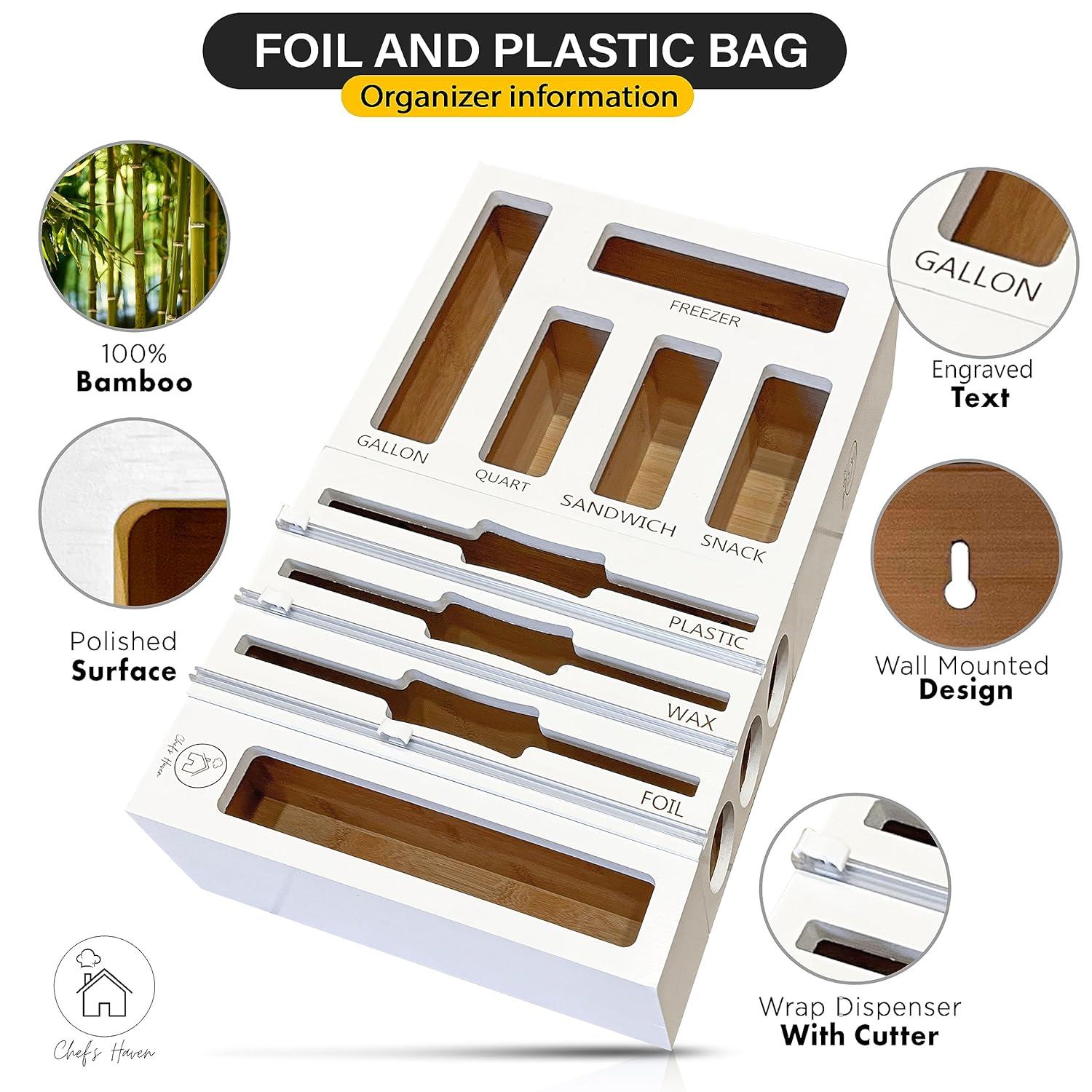 Chef's Haven 9 IN 1 Storage Bag Organizer, Foil and Plastic Wrap Organizer with Cutters, Bamboo Kitchen Baggie for Drawer, Pantry & Countertop, Storage for Gallon, Quart, Sandwich, Snack Bag