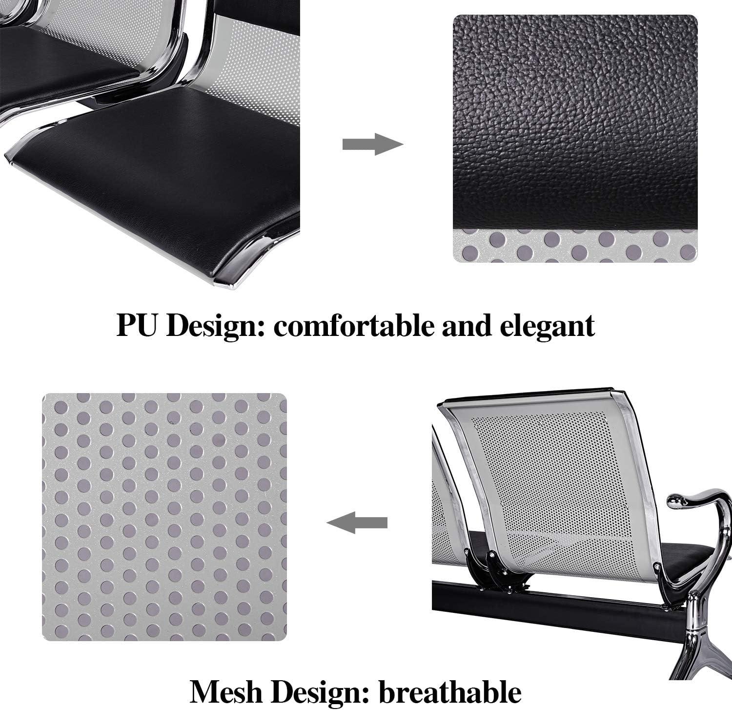 Kinbor Waiting Room Chairs, 3-Seat Reception Chairs Office Guest Waiting Furniture Bench Seating for Airport Bank Hospital, Black