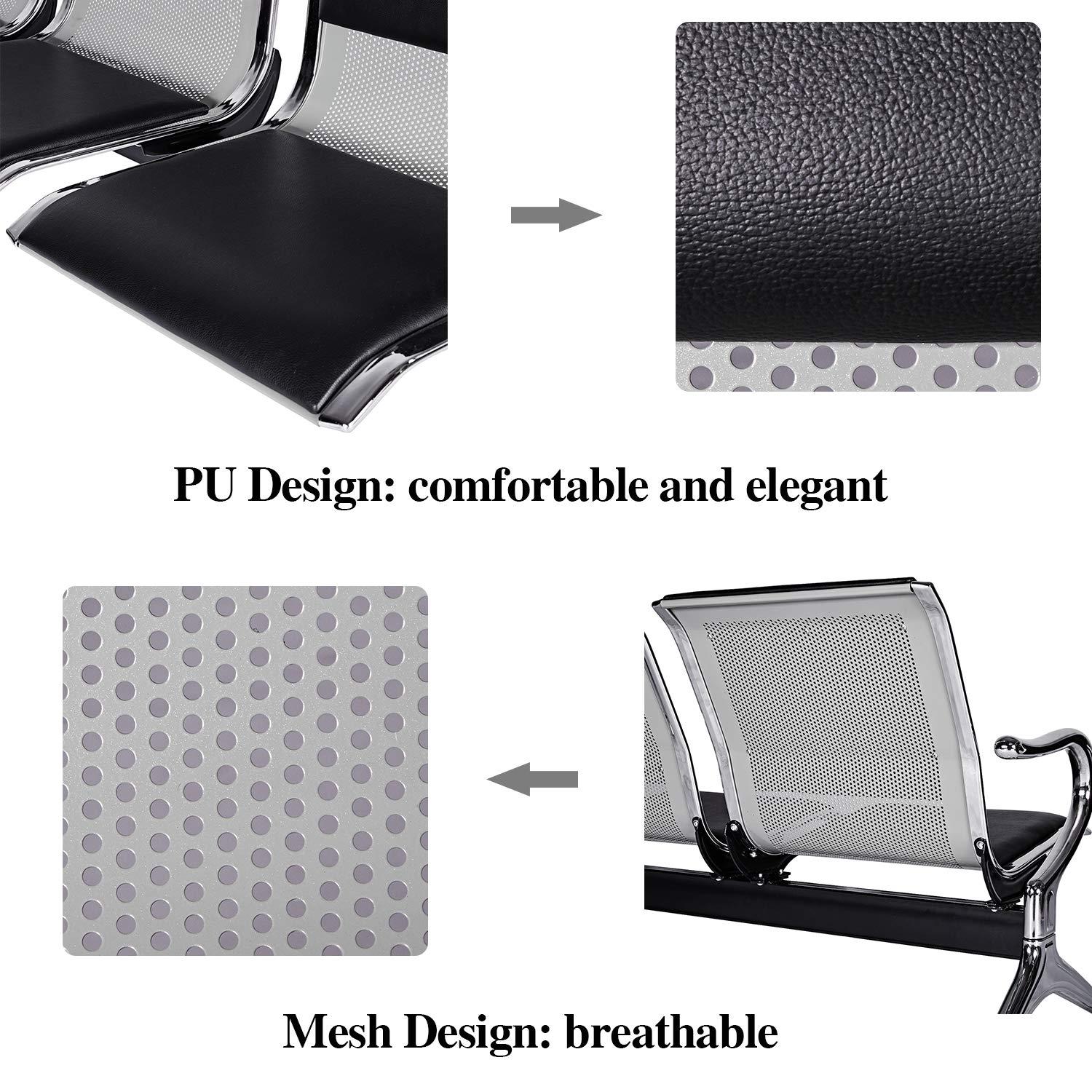 Kinbor Waiting Room Chairs, 3-Seat Reception Chairs Office Guest Waiting Furniture Bench Seating for Airport Bank Hospital, Black