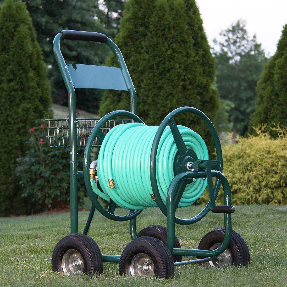 Liberty Garden Products LBG-872-2 4 Wheel Hose Reel Cart Holds up to 350 Feet of 5/8" Hose with Basket for Backyard, Garden, or Home, Green