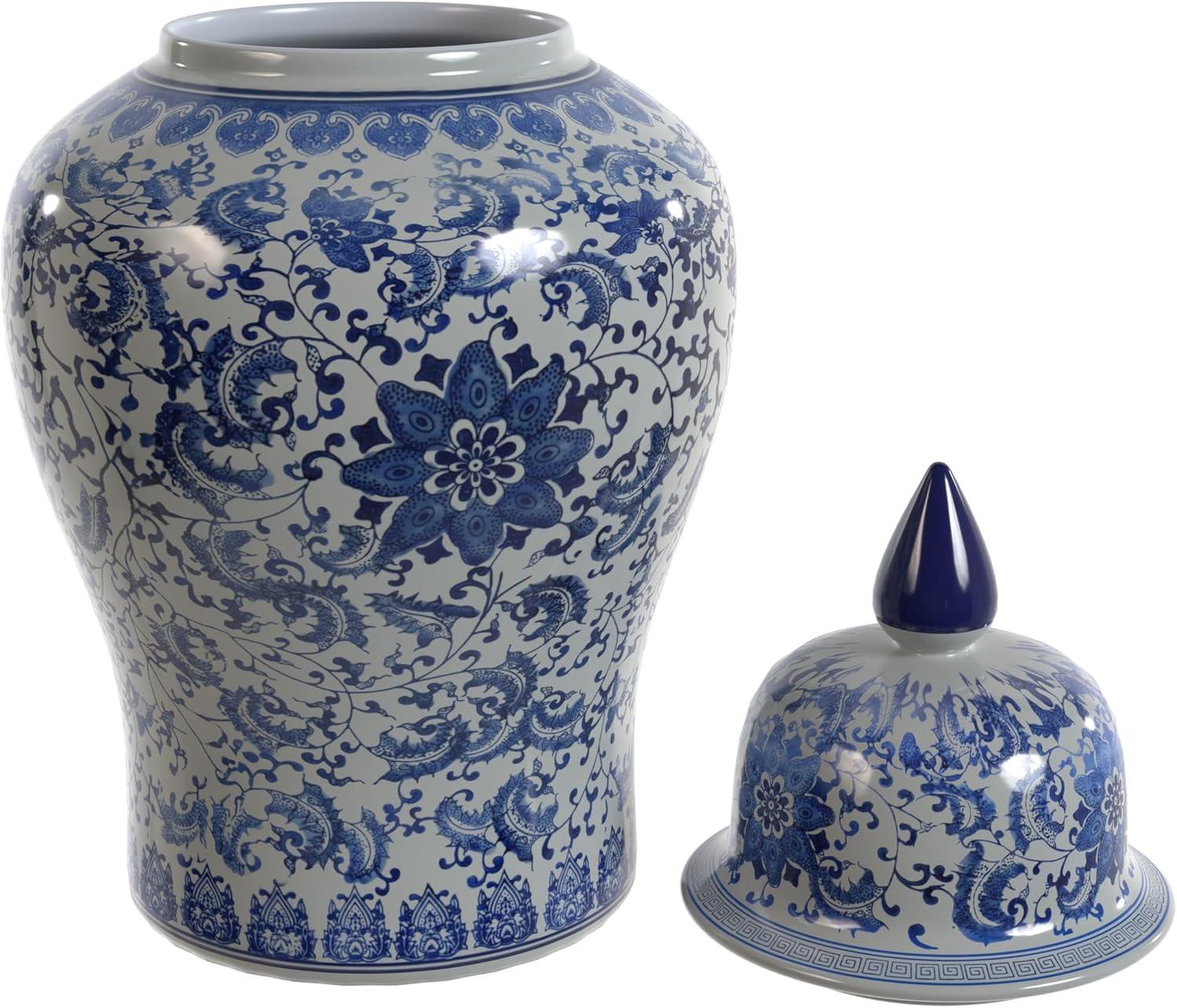 24" Floral Blue & White Porcelain Temple Jar