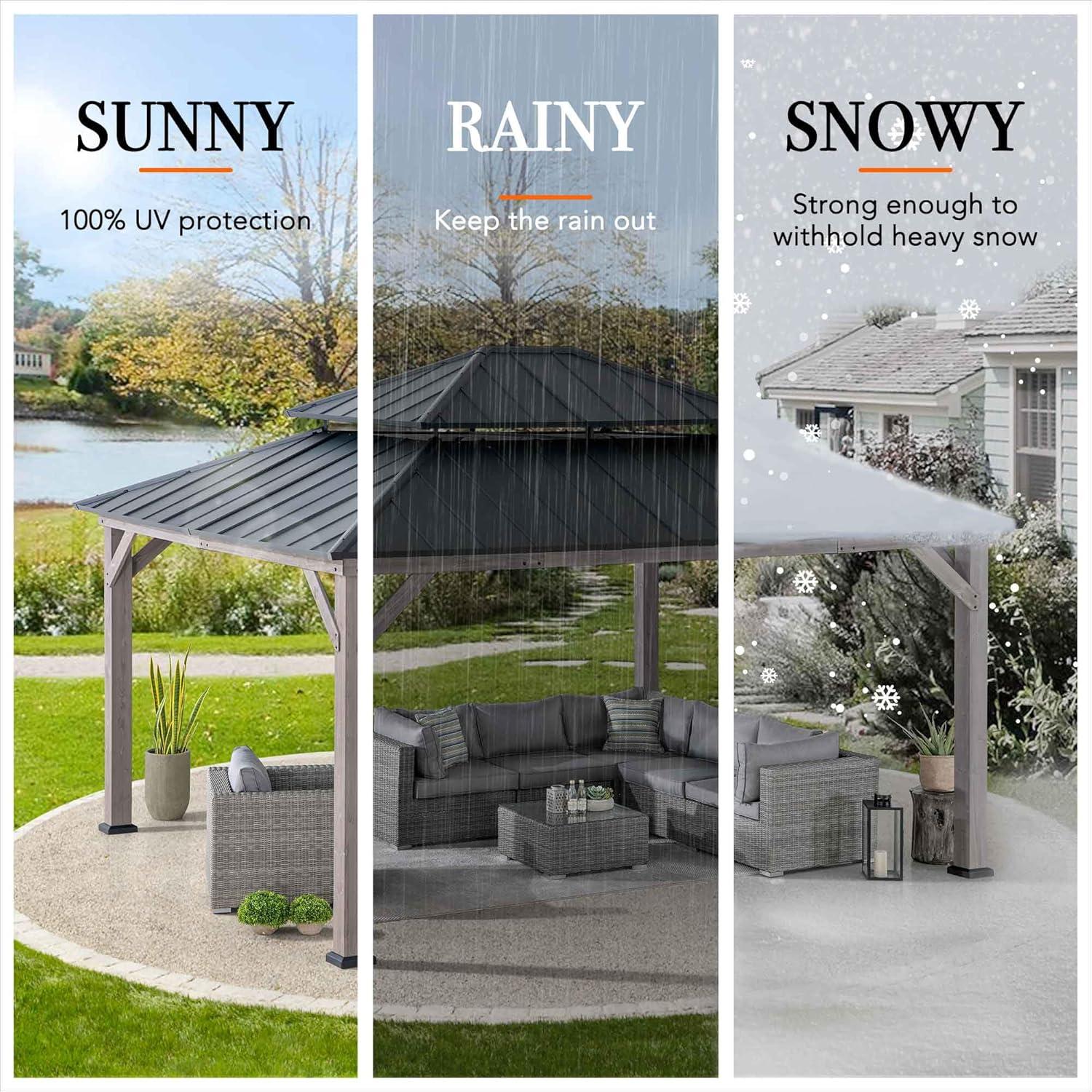 Sunjoy Sunjoy 13 x 15 ft. Wood Gazebo, Outdoor Patio Steel Hardtop Gazebo, Cedar Framed Wooden Gazebo with 2-Tier Metal Roof, Suitable for Patios, Lawn and Backyard