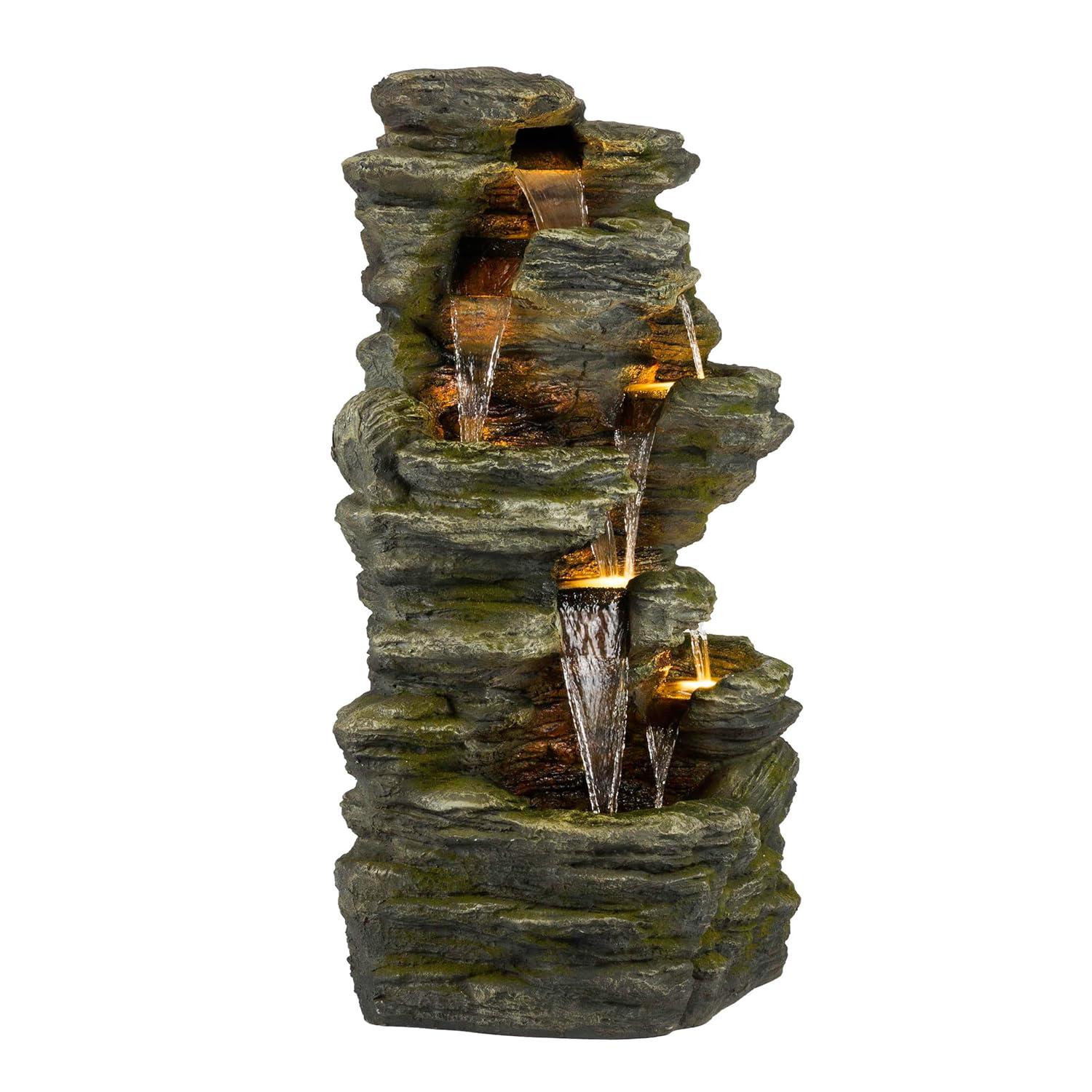 51" Resin Rock Cascading Fountain with LED Lights Gray - Alpine Corporation: Waterfall Feature, Birdbath