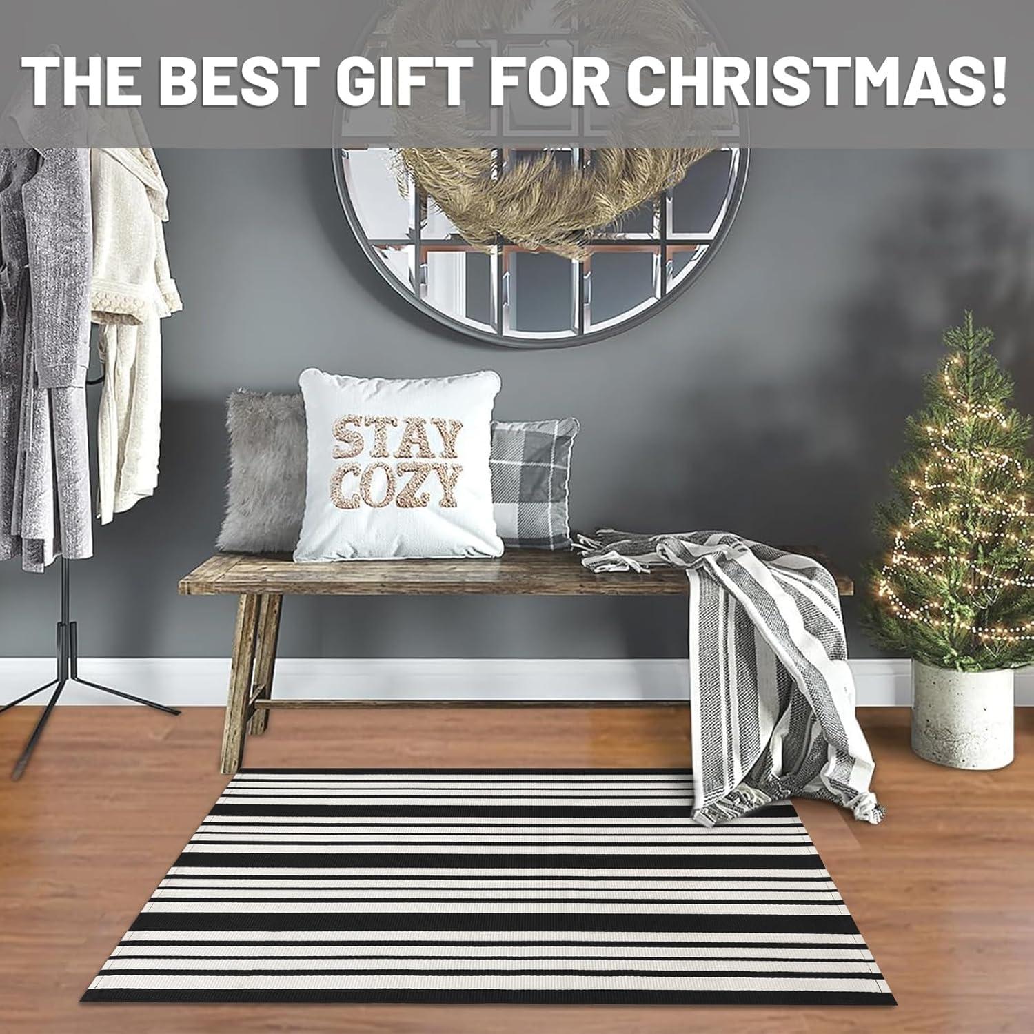 IOHOUZE Navy and White Striped Rug 2'x3' Front Door Rugs, Small Washable Area Rug for Front Porch, Spring Summer Doormats Outdoor Indoor, Cotton Rugs for Entryway Porch Entrance