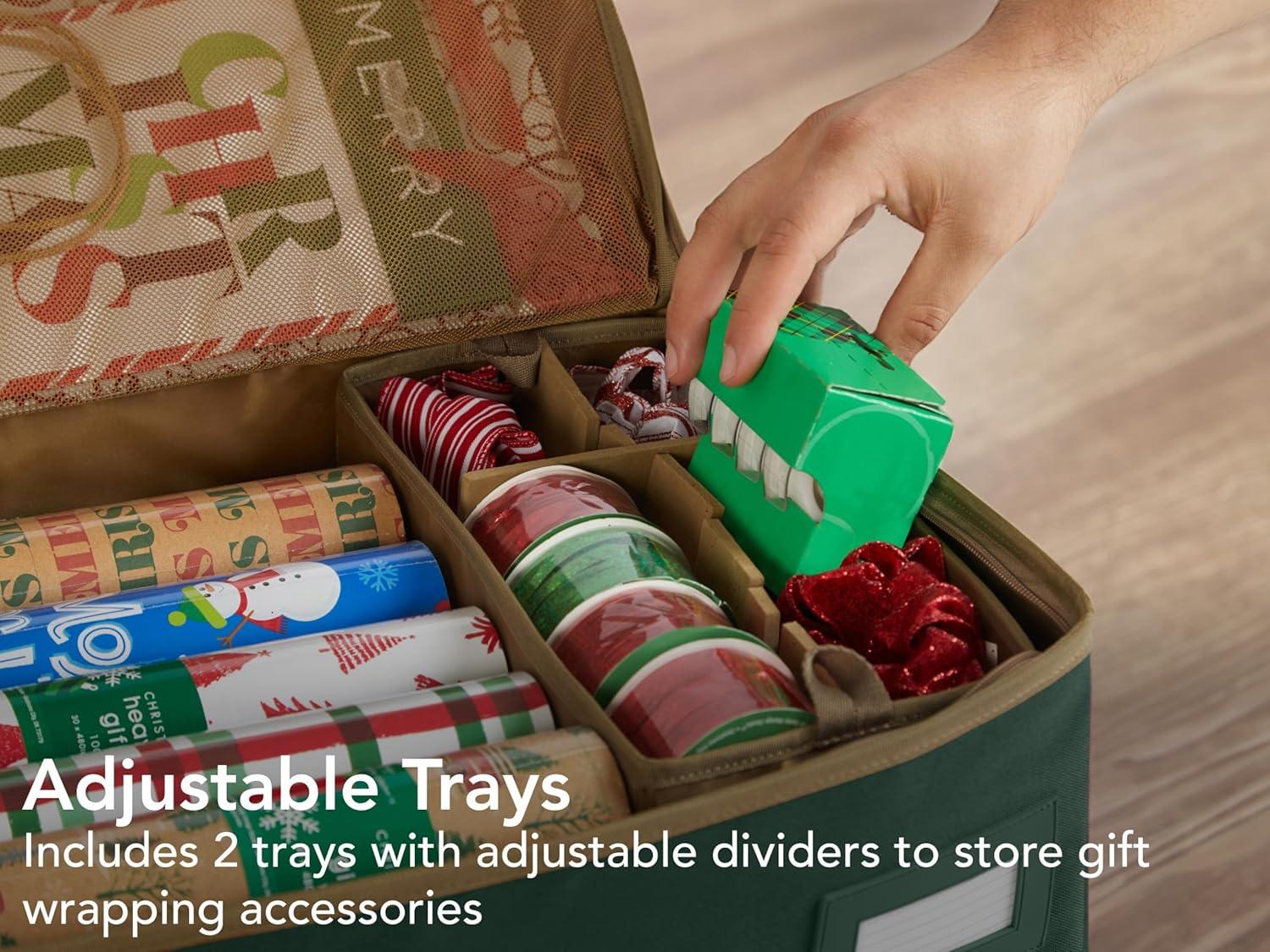 Covermates Keepsakes Gift Wrap Organizer - Holds up to 25 Rolls - Heavy Duty - Accessory Trays with Adjustable Compartments - Mesh Pocket - Holiday Storage, Green