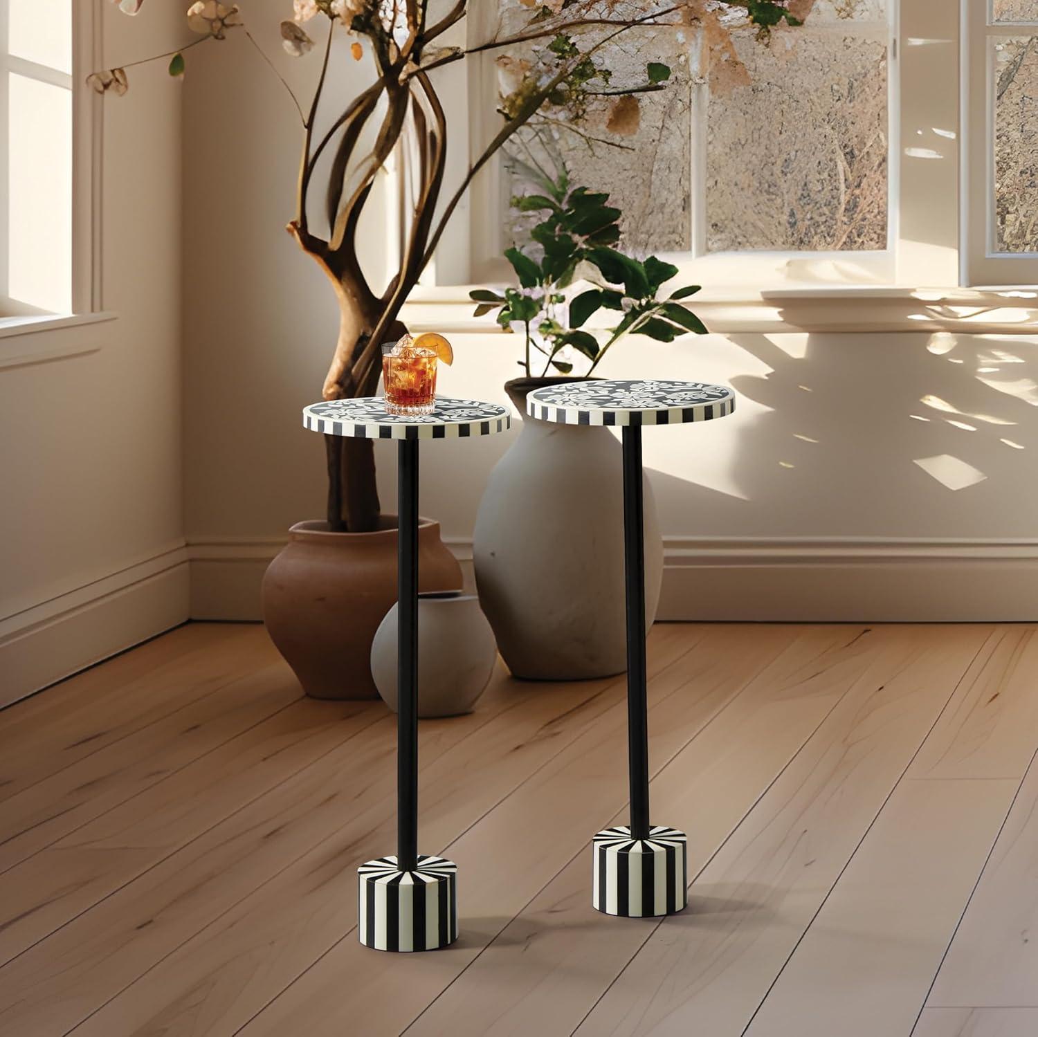 OSP Home Furnishings Round Side Table, Set of 2, Mosaic Black and White Top with Black Metal Base