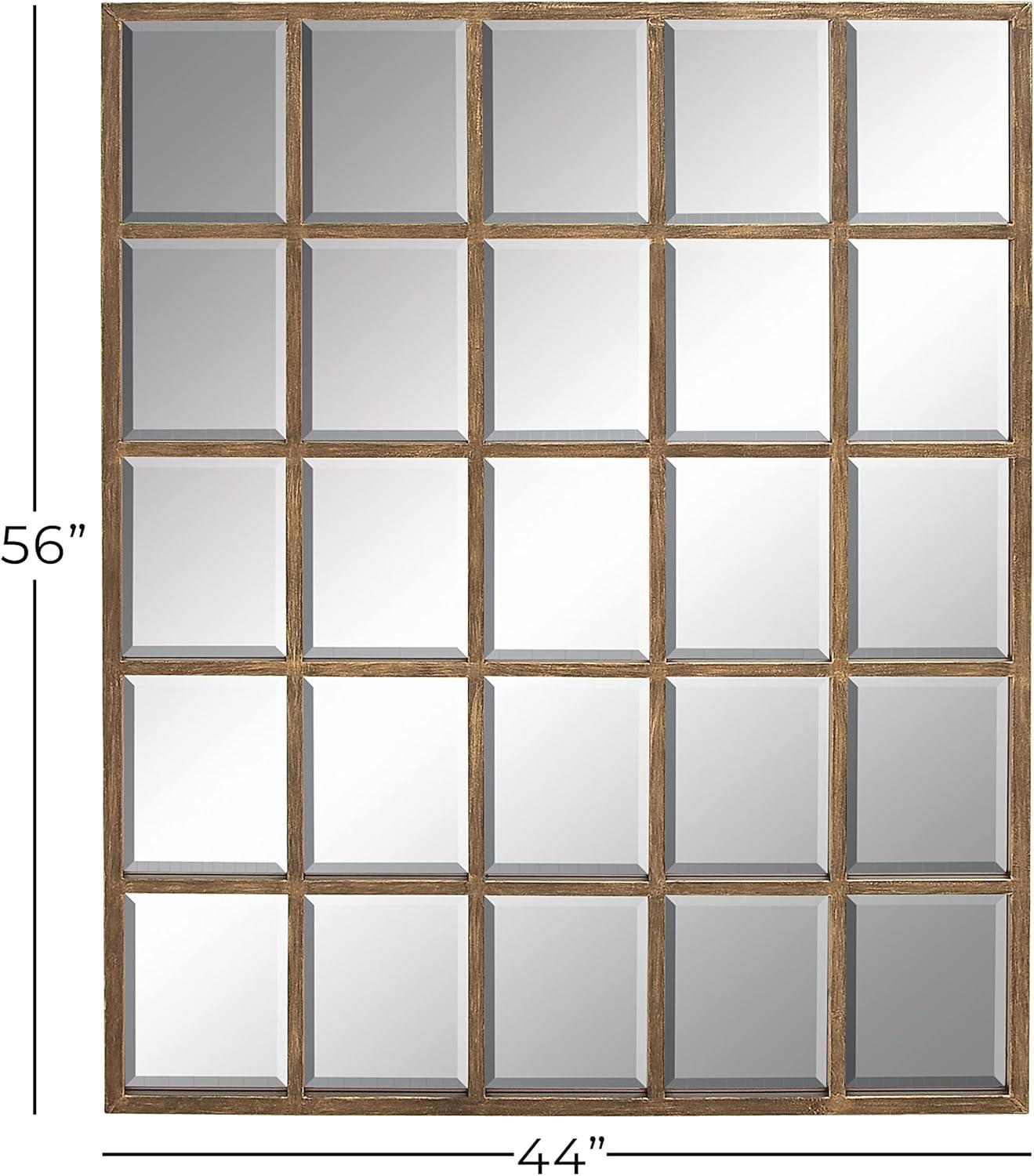 DecMode Contemporary Squre Wood Window Shaped Wall Mirror, 56"W x 44"H with Distressed Brass Colored Frame