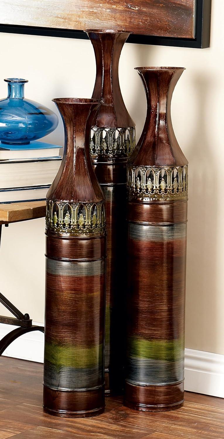 DecMode 34", 31", 28"H Tall Ombre Bronze Metal Vase with Laser Cut Antefix Design, Set of 3