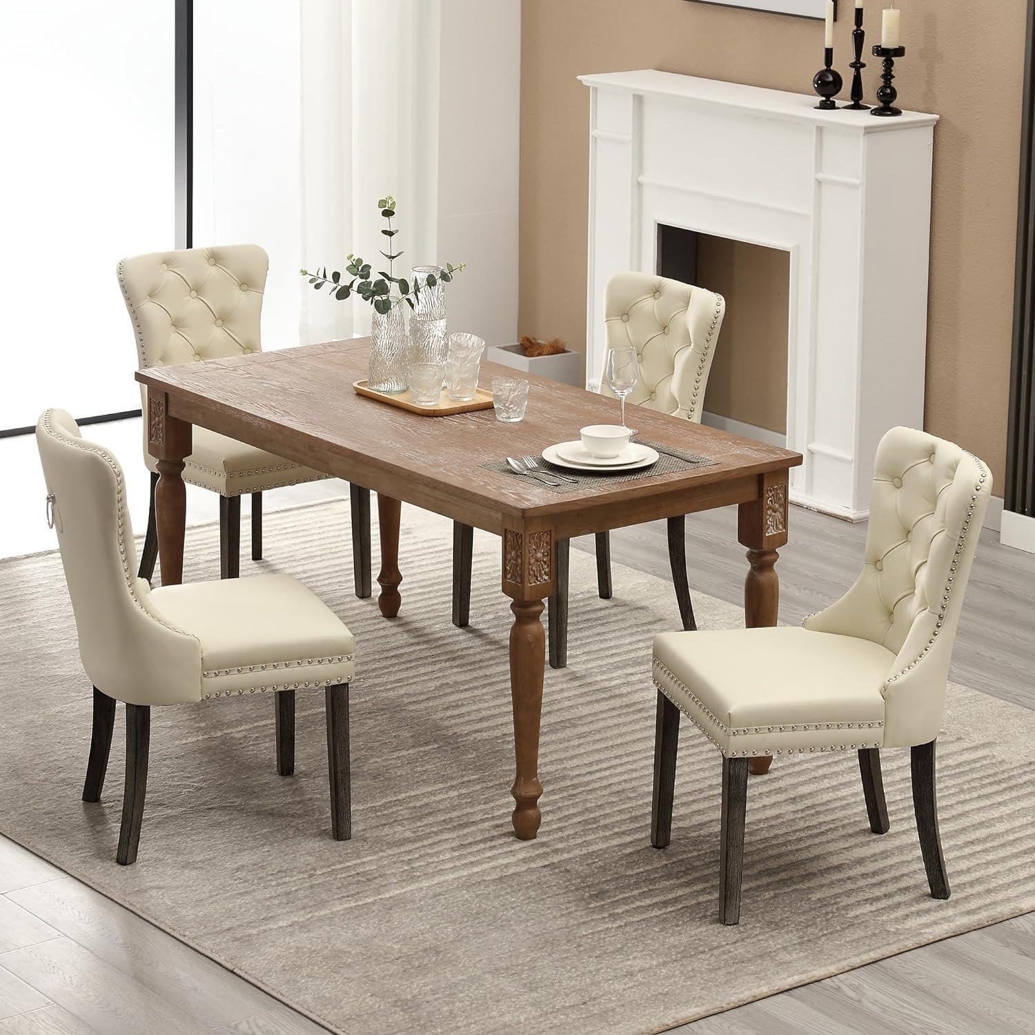 ODUSE-DAILY Velvet Dining Chairs Set of 6, Kitchen & Dining Room Chairs, Nailheads Tufted Chair, Sillas De Comedor, Two-Tone Fabric Upholstered, Wood Legs (Beige & Patterned, 6 Pcs)