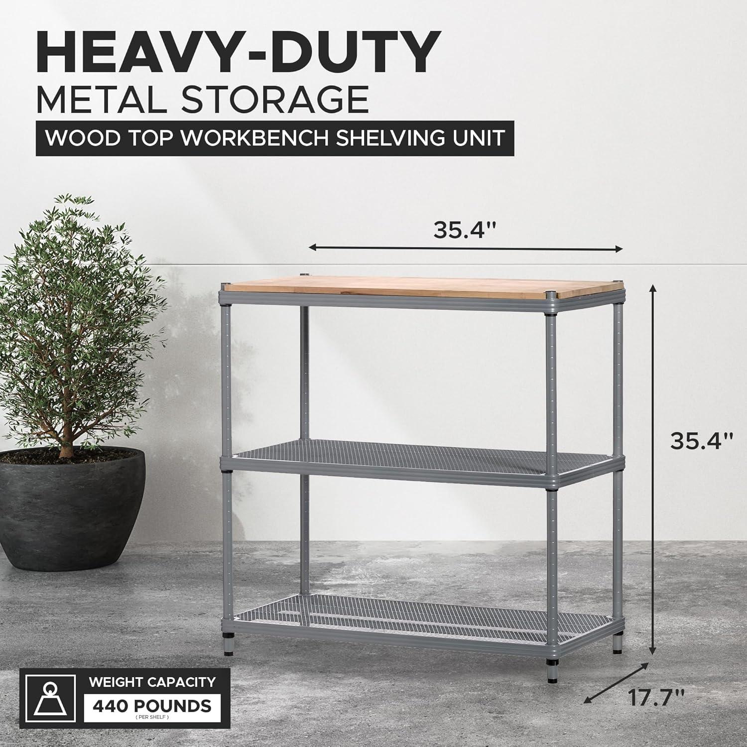 Design Ideas MeshWorks Metal Storage Wood Top Workbench Shelving Unit