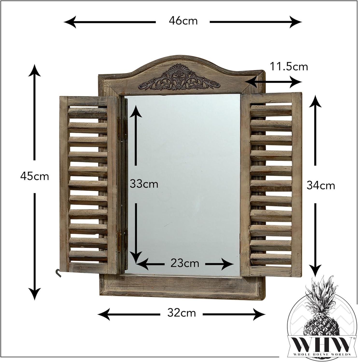 French Country Style Rustic Window Mirror with Shutters, Sustainable Wood, Approx. 18 Inches High, Distressed Gray Wash with Vintage Style Metal Decoration