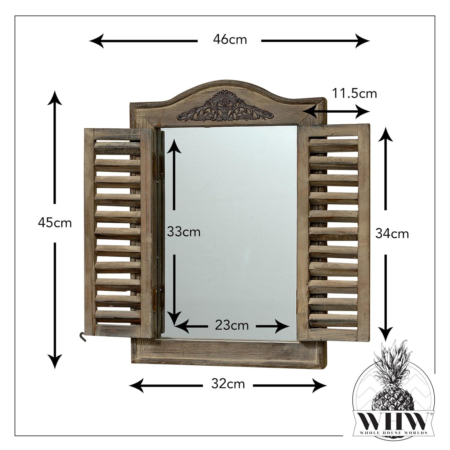 French Country Style Rustic Window Mirror with Shutters, Sustainable Wood, Approx. 18 Inches High, Distressed Gray Wash with Vintage Style Metal Decoration