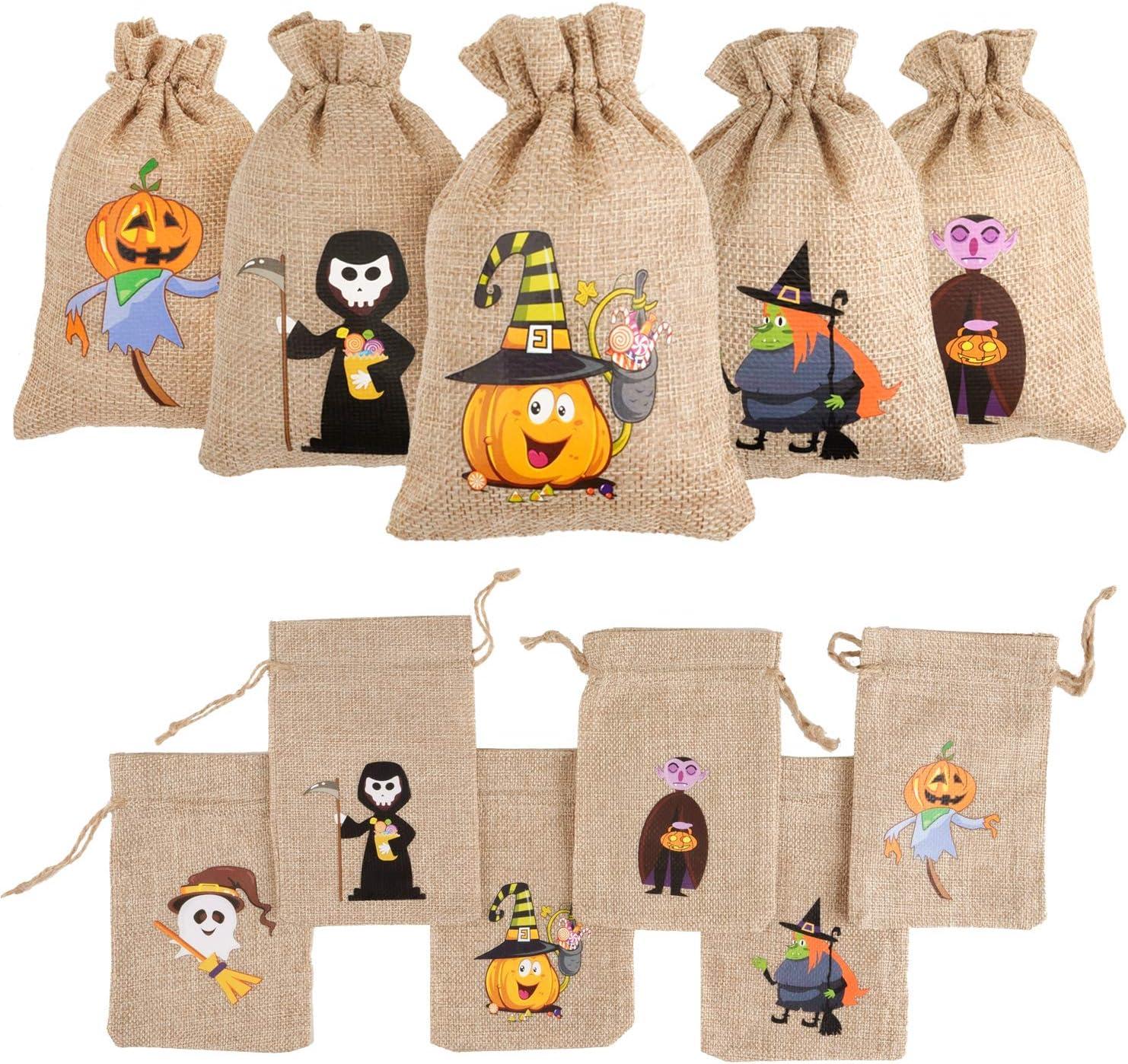 COEN 48 Halloween burlap gift bags with drawstrings, perfect for kids' Halloween party favors and treats.